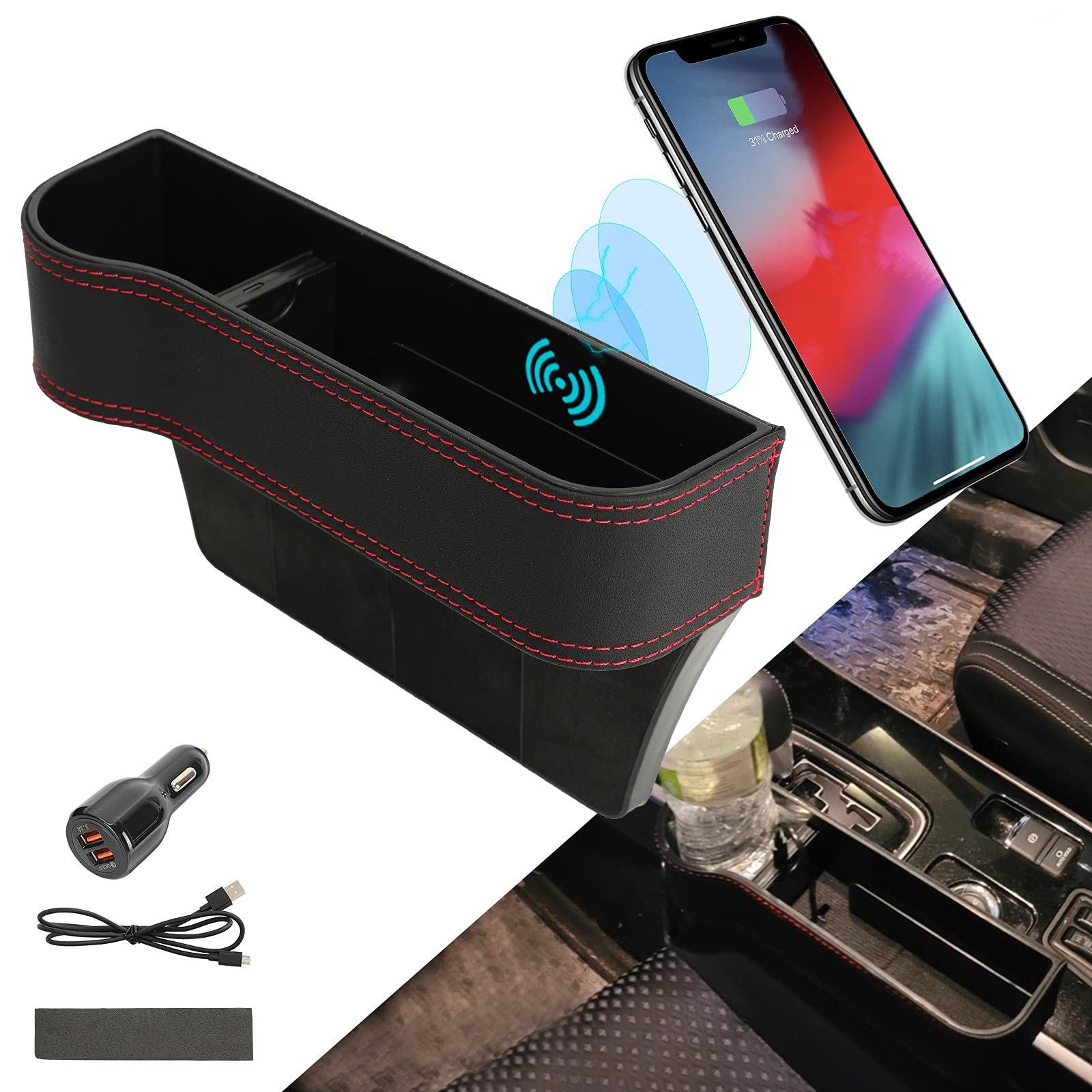 ROCCS Universal Car Seat Gap Organizer with 15W Wireless Charging | PU Leather Driver Side Storage with Cup Holder | Perfect for Phones, Keys & Small Items | Ideal for Road Trips & Daily Commutes