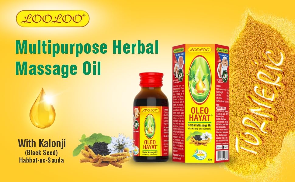 LooLoo Oleo Hayat Herbal Massage Oil with Kalonji & Turmeric - Skin Repair & Nourishment - 3 Pack (50ml Each) - Perfect for Relaxation, Aromatherapy & Spa Treatments