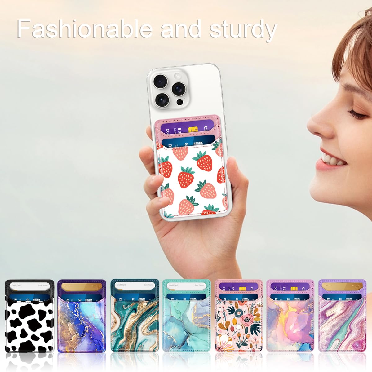 Self Adhesive Phone Card Holder - Leather RFID Blocking Wallet Pocket for iPhone & Samsung - Stick On Credit Card Sleeve for Phone Case (Strawberry Design) - Perfect for Contactless Payments & On-the-Go Convenience