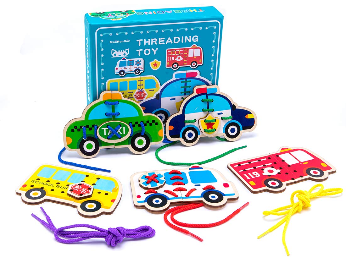 Promise Babe 5-Pack Wooden Lacing Cards - Montessori Threading Toys for Toddlers, Educational Preschool Learning Toys, Cars & Blocks Puzzle Set - Perfect for Fine Motor Skills Development & Early Childhood Education