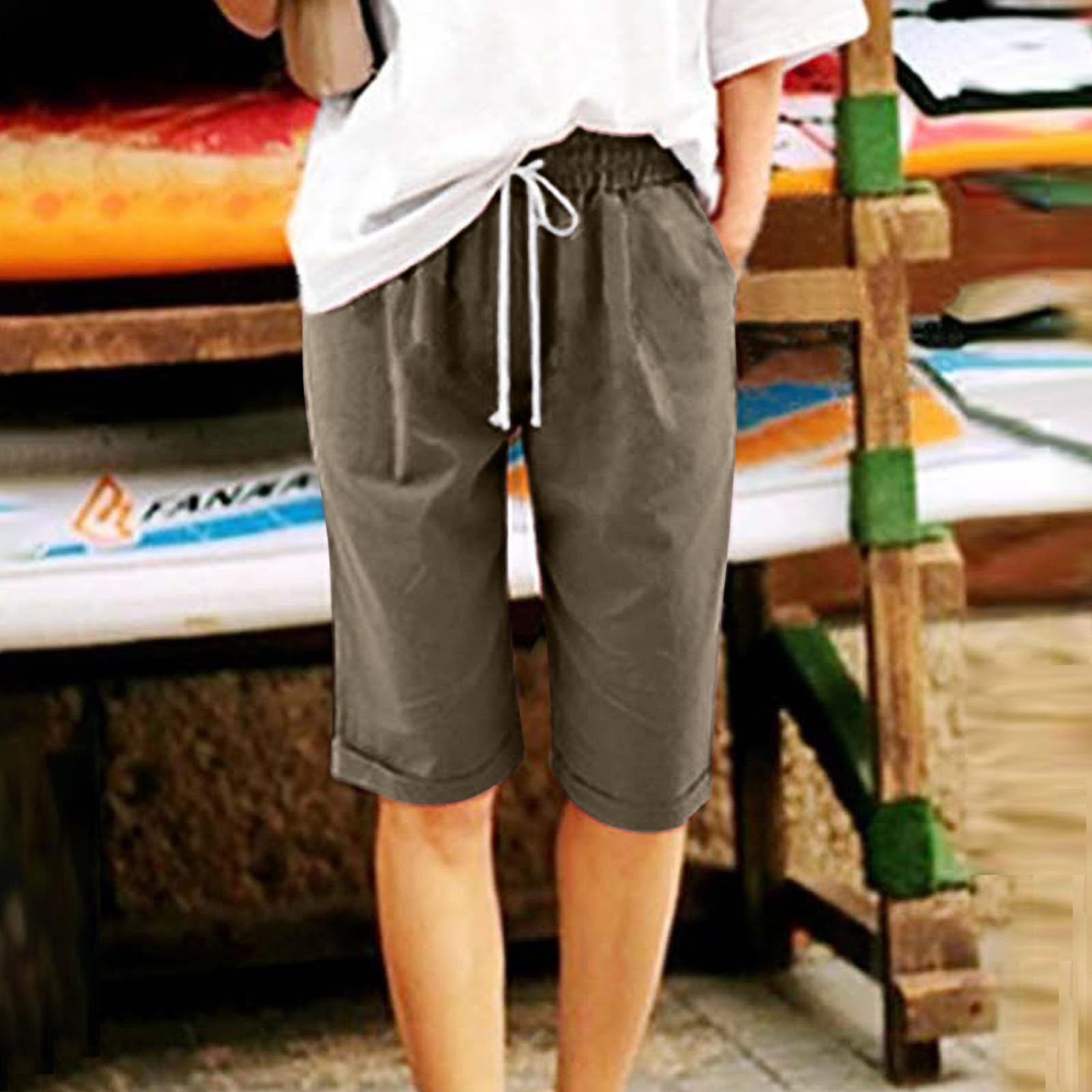 Women's Dressy Knee-Length Bermuda Shorts with Elastic Waist - Casual Summer Beach Shorts for Workout, Travel, and Outdoor Activities