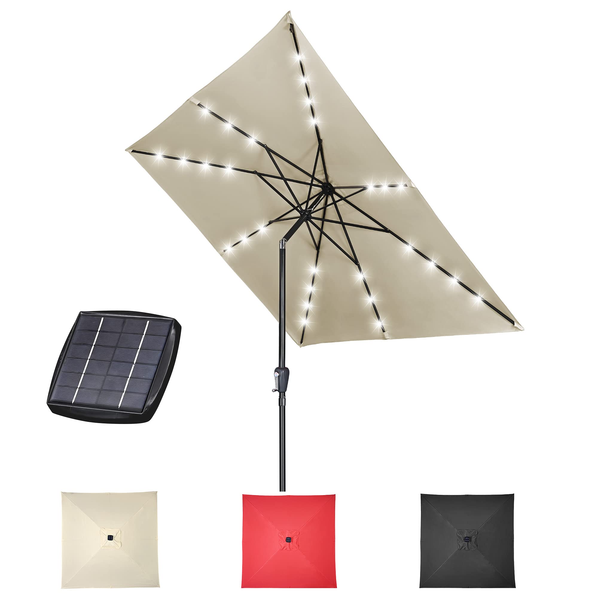 9FT Solar LED Patio Umbrella with 28 Lights - 8 Ribs Outdoor Table Umbrella with Push Button Tilt & Crank, UV Protection Sun Shade with USB Port - Perfect for Backyard, Garden, Deck, Pool & Outdoor Dining Areas