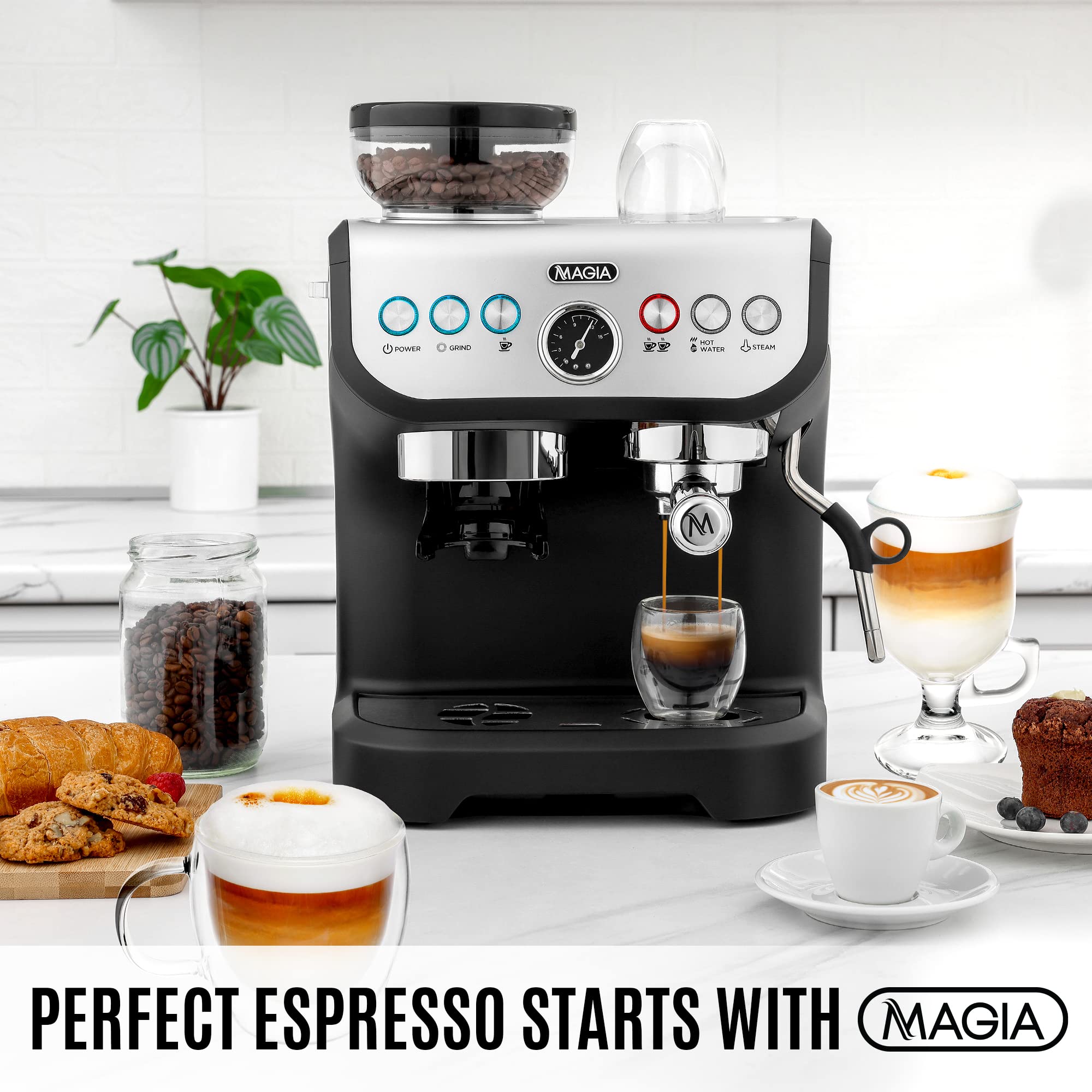 Zulay Kitchen Magia Manual Espresso Machine with Built-in Grinder & Milk Frother - 15 Bar Pressure Pump for Perfect Espresso, Cappuccino & Latte - 2L Large Removable Water Tank - Ideal for Home Baristas & Coffee Lovers