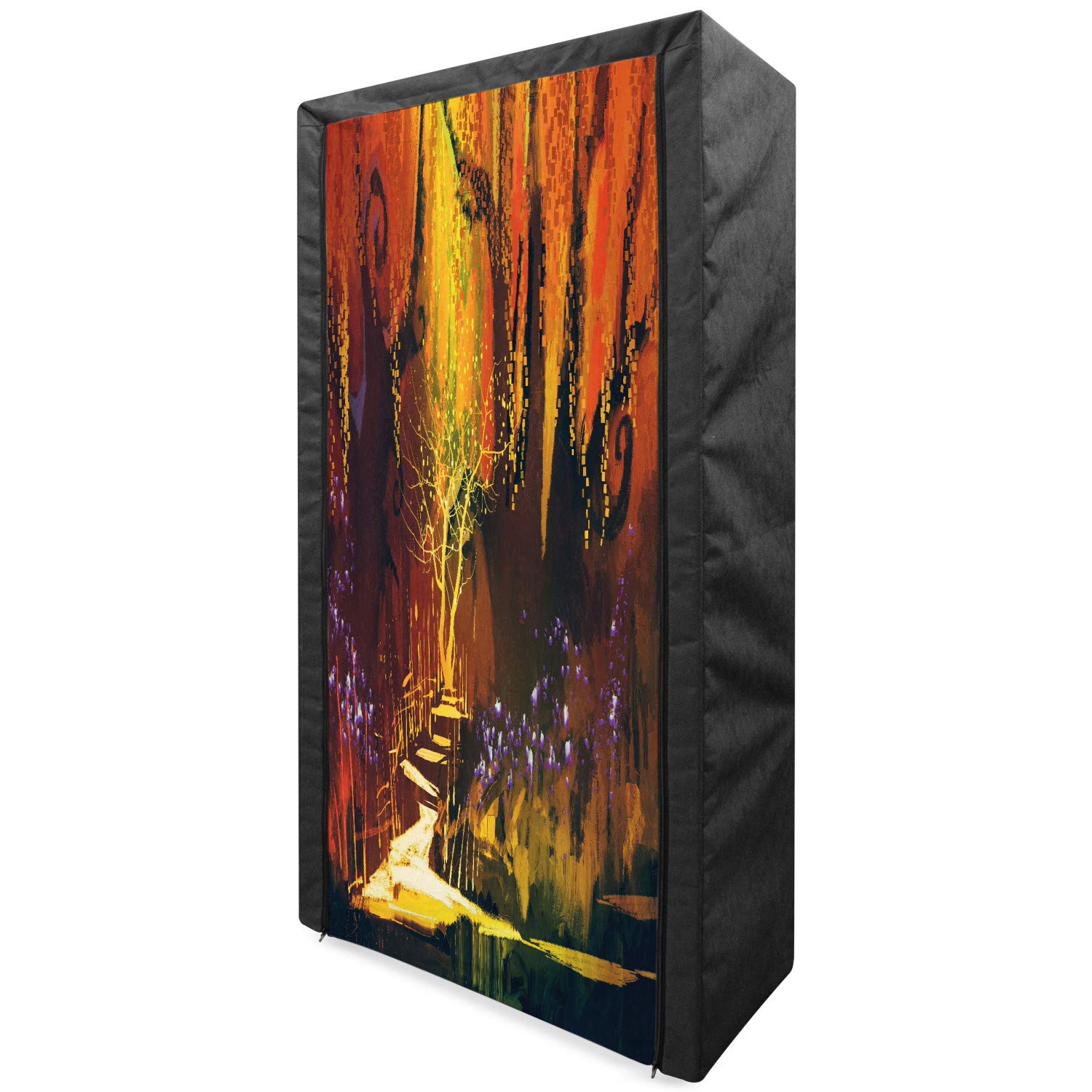 Ambesonne Fantasy Portable Fabric Wardrobe | Enchanted Forest Design Clothing Organizer with Shelves | 33.5 Inch Storage Closet for Bedroom, Closet, Dorm & Travel | Orange Brown Home Decor