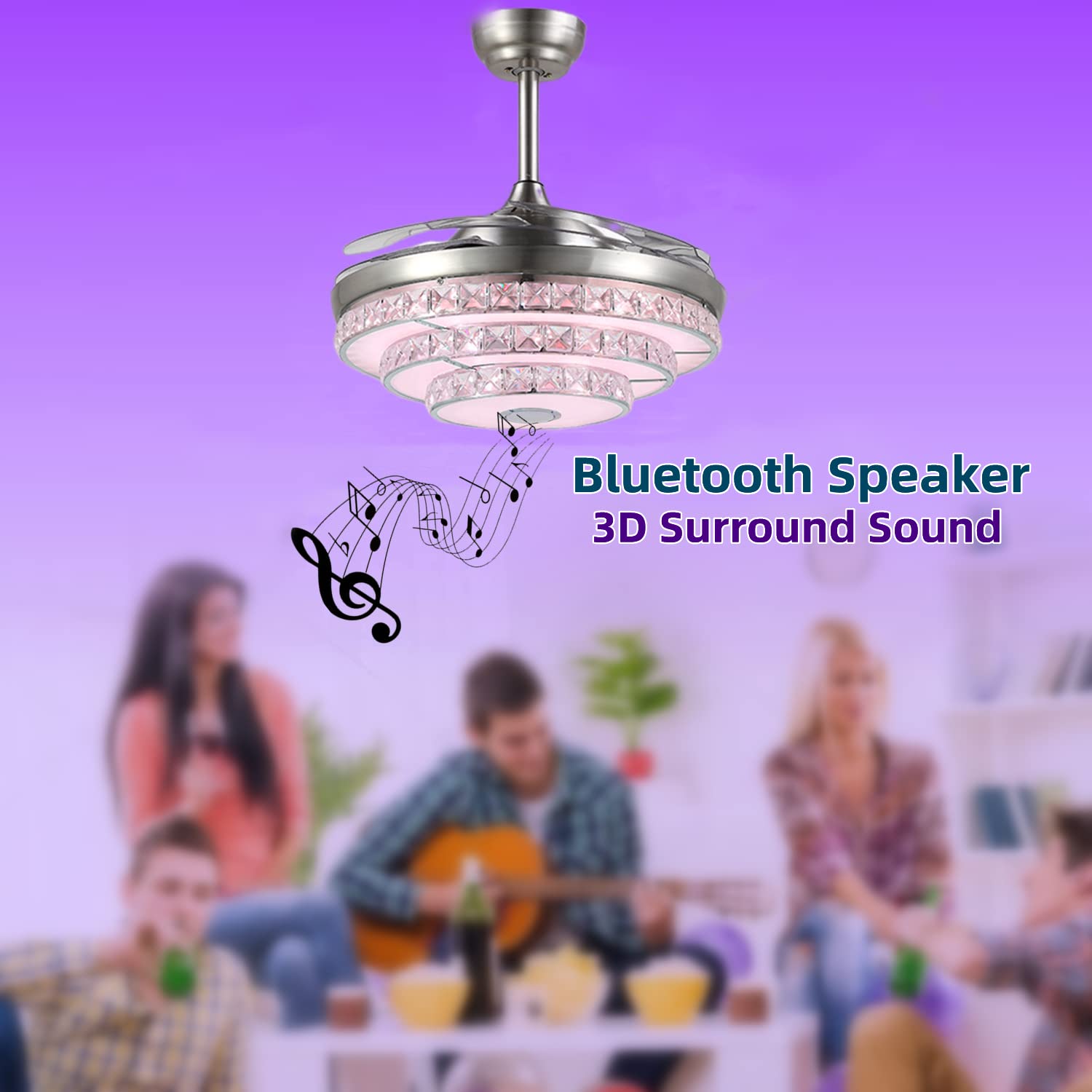 RuiWing 42 Inch Smart Ceiling Fan with LED Light and Bluetooth Speaker - Modern Crystal Chandelier Fan with 7 Color Changing Lights, Retractable Blades, Remote Control & 3 Silent Speeds - Perfect for Living Room, Bedroom, and Outdoor Patio