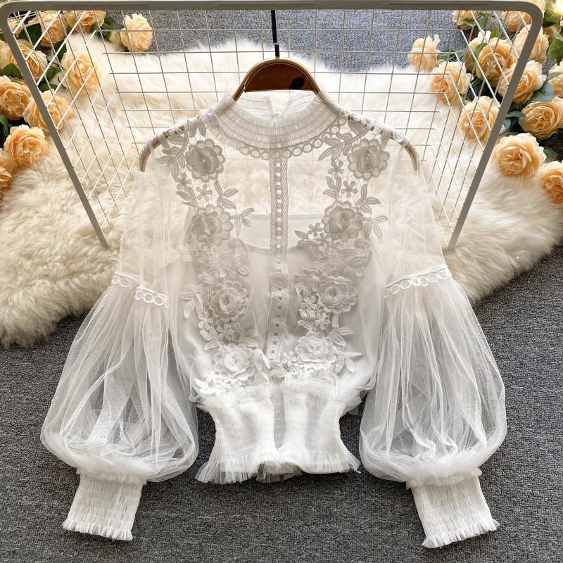 3D Floral Mesh Lantern Sleeve Blouse - Women's Short Lace Top 833 | Perfect for Summer Outfits, Date Nights & Boho Fashion