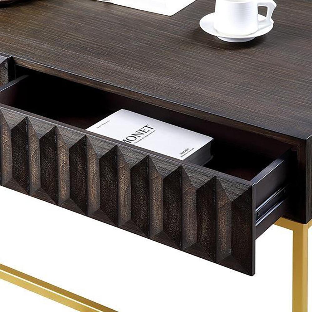 Walnut & Gold Textured Coffee Table with Hidden Drawers - Modern Living Room Furniture for Small Spaces & Home Decor