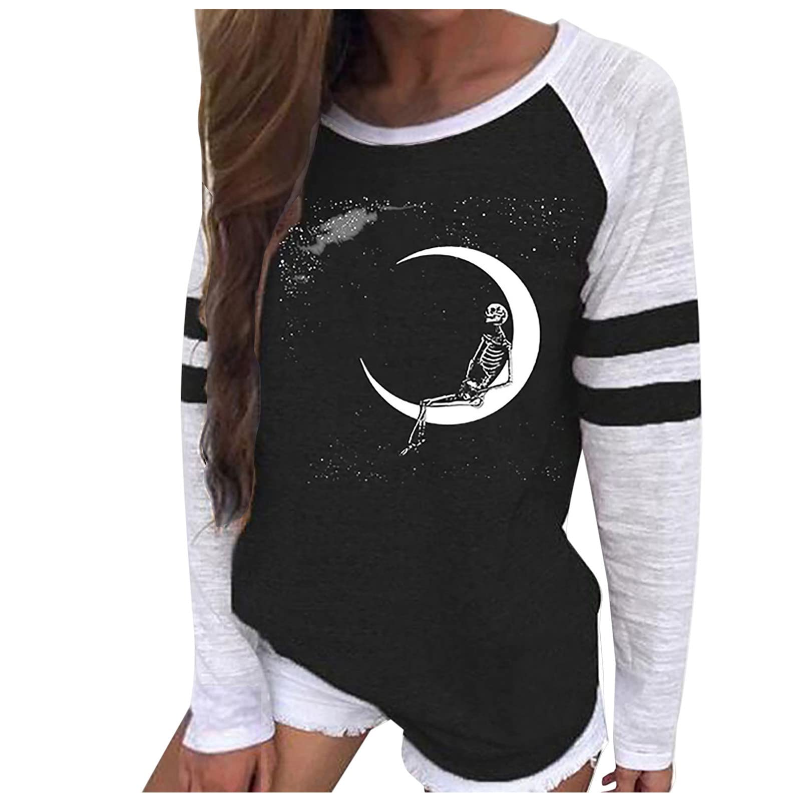 Women's Color Block Striped Long Sleeve Tunic Top with Skull Print | Halloween Graphic Crew Neck Pullover Blouse | Casual Fall Outfit, Party Costume, Themed Event Wear