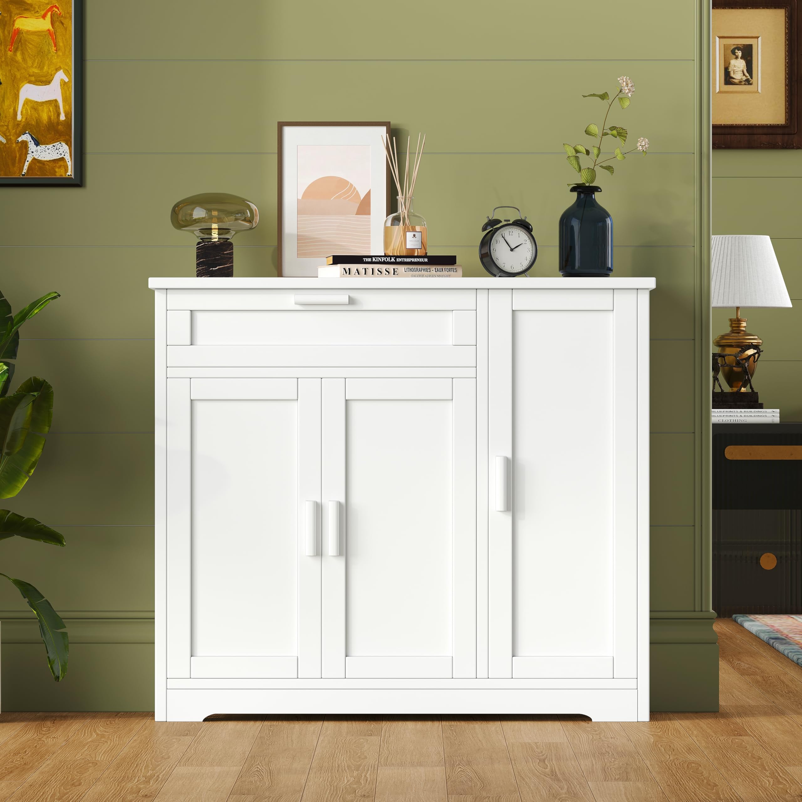 Modern Sideboard Buffet Cabinet with 3 Doors & Drawers - White Storage Cabinet with Adjustable Shelves for Kitchen, Living Room, Hallway - Perfect for Dining Room Storage, Entryway Organization & Home Decor (KES001WCWG)