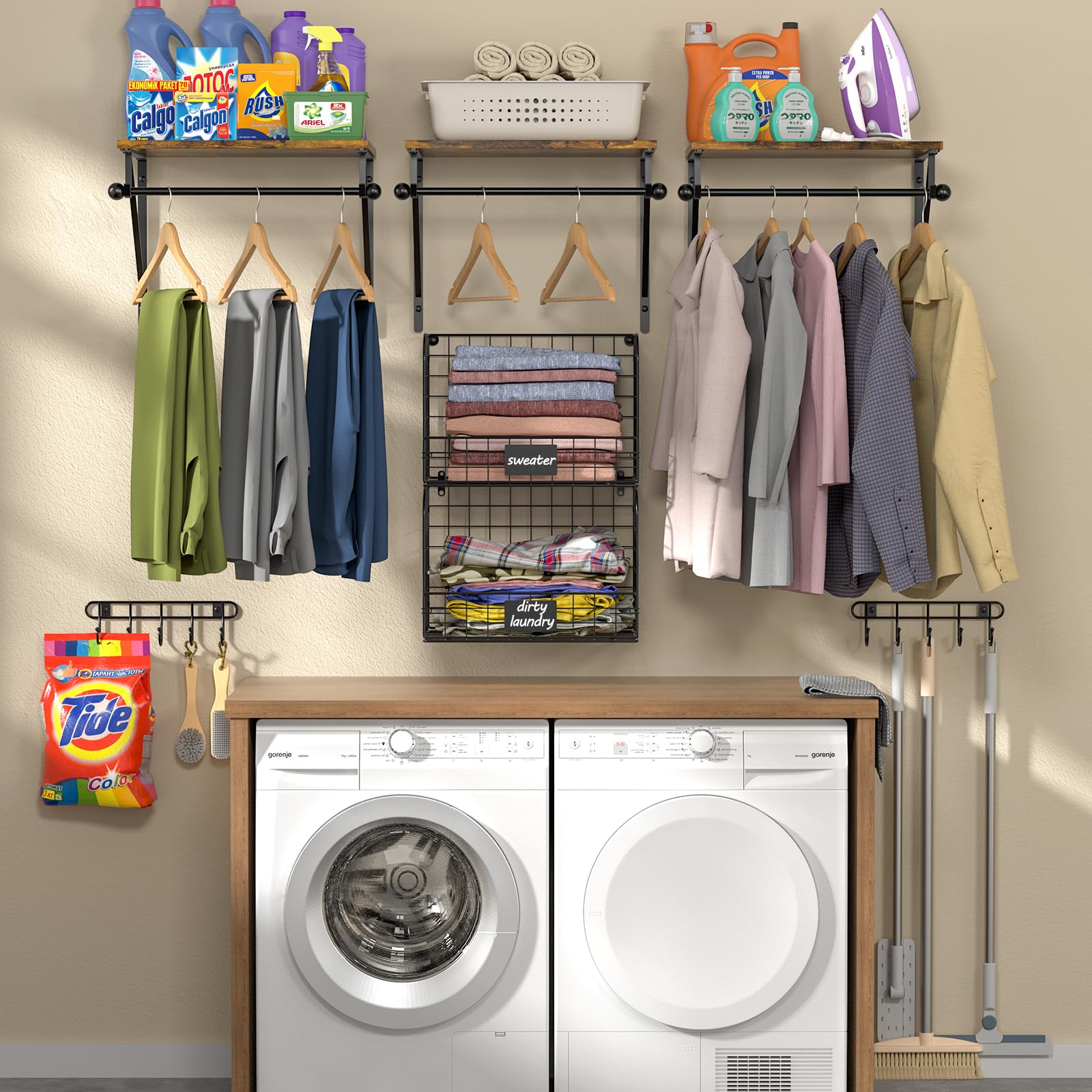 Wall Mounted Laundry Shelves with Wire Baskets - Wood & Metal Storage for Washer Dryer Area