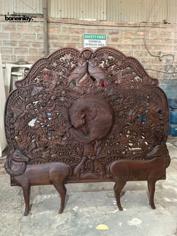 Hand Carved Wooden Deer Design King Size Bed Headboard - Rustic Bedroom Decor for Master Bedroom, Lodge, or Cabin Retreat