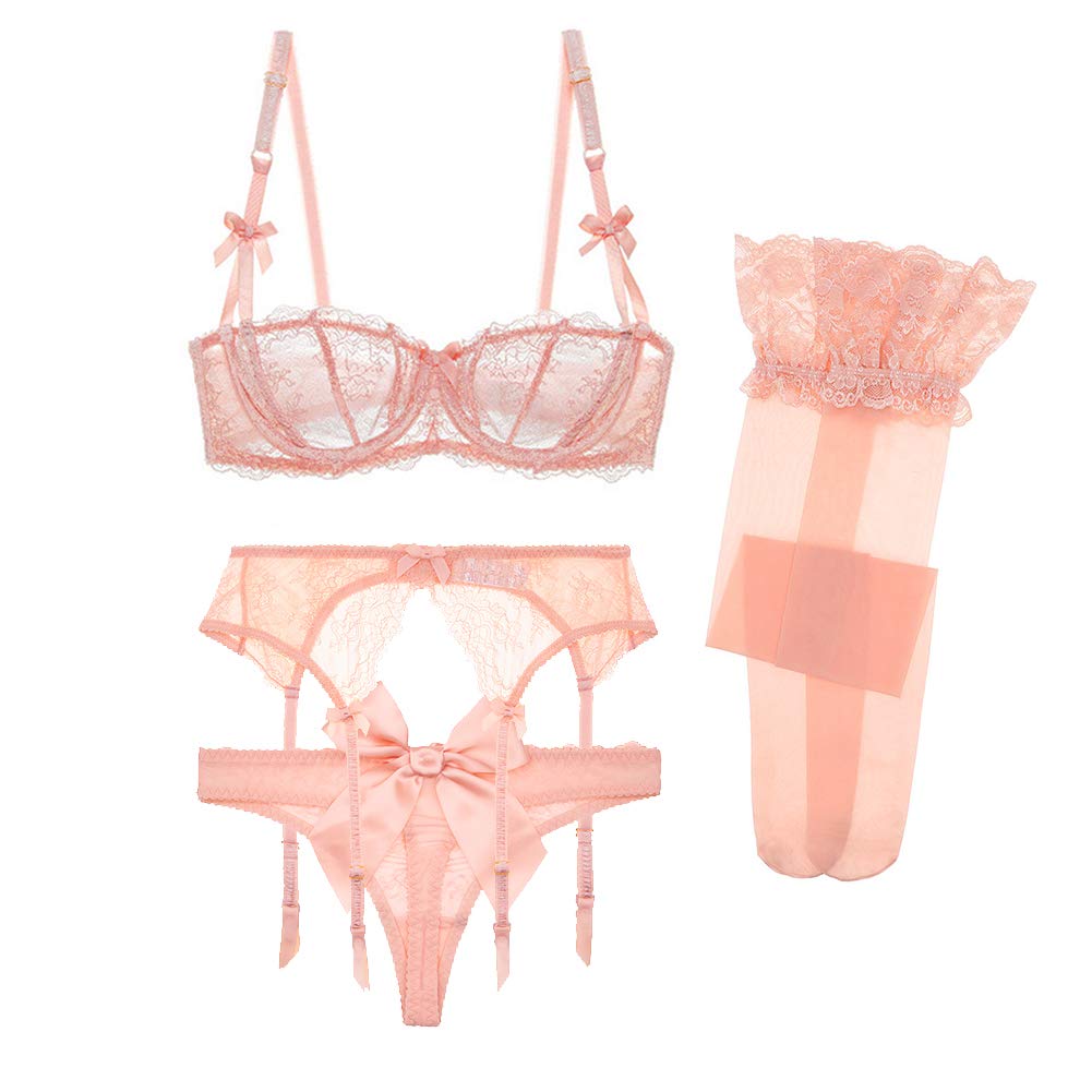 Sexy Lace Big Bow Ultra-Thin Sheer 1/2 Cup Push Up Bra & Thong Garter Stockings 4-Piece Set for Women | Bridal Lingerie, Valentine's Gift, Boudoir Photoshoot
