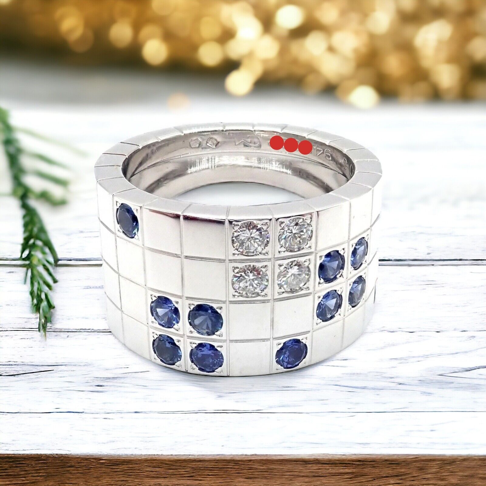 Cartier 18k White Gold Lanieres Diamond & Blue Sapphire Wide Band Ring - Size 6.5 (US 53) - Luxury Wedding Band, Anniversary Gift for Her, Elegant Jewelry for Special Occasions
