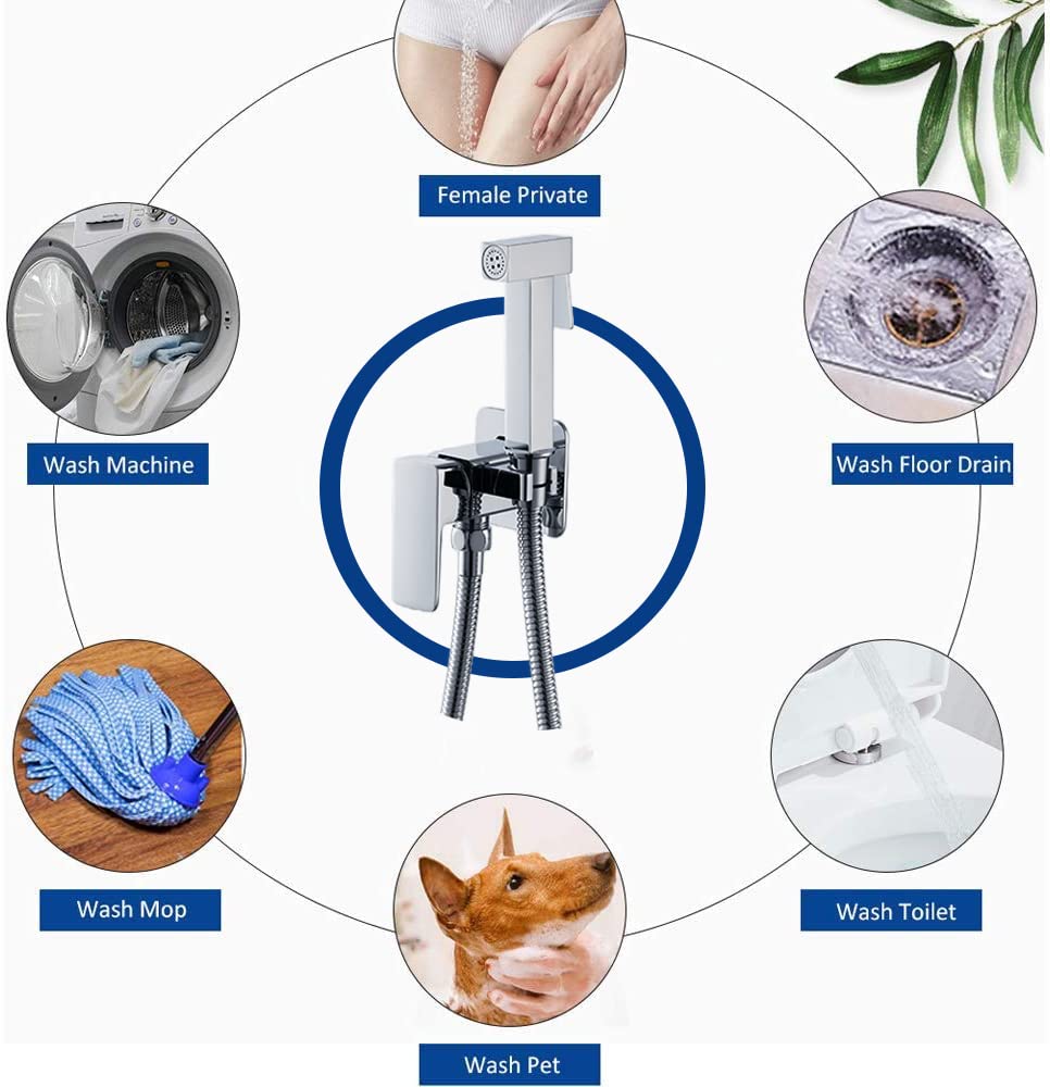 Poopee Warm & Cold Water Bidet Sprayer for Toilet - Stainless Steel Handheld Bidet Attachment with Brass Valve - Feminine Hygiene, Pet & Baby Care - Square Silver Design - Perfect for Bathroom Upgrades & Family Hygiene Needs