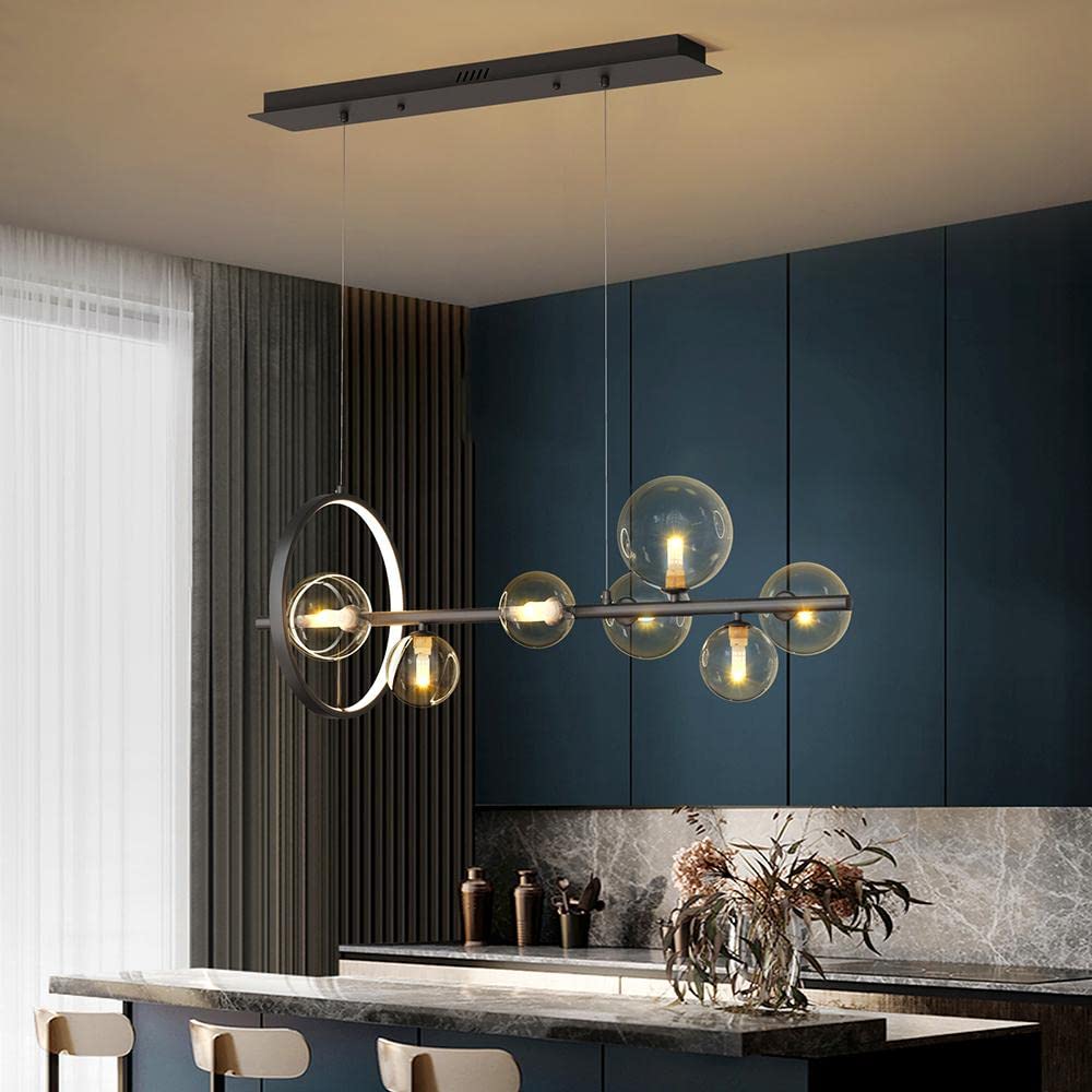 Industrial Black Linear Pendant Light Fixture - 7-Light Kitchen Island Lighting, Dining Room Ceiling Light for Table - Modern Farmhouse & Industrial Style Hanging Lights for Kitchen, Living Room, Restaurant, Bar (Black)