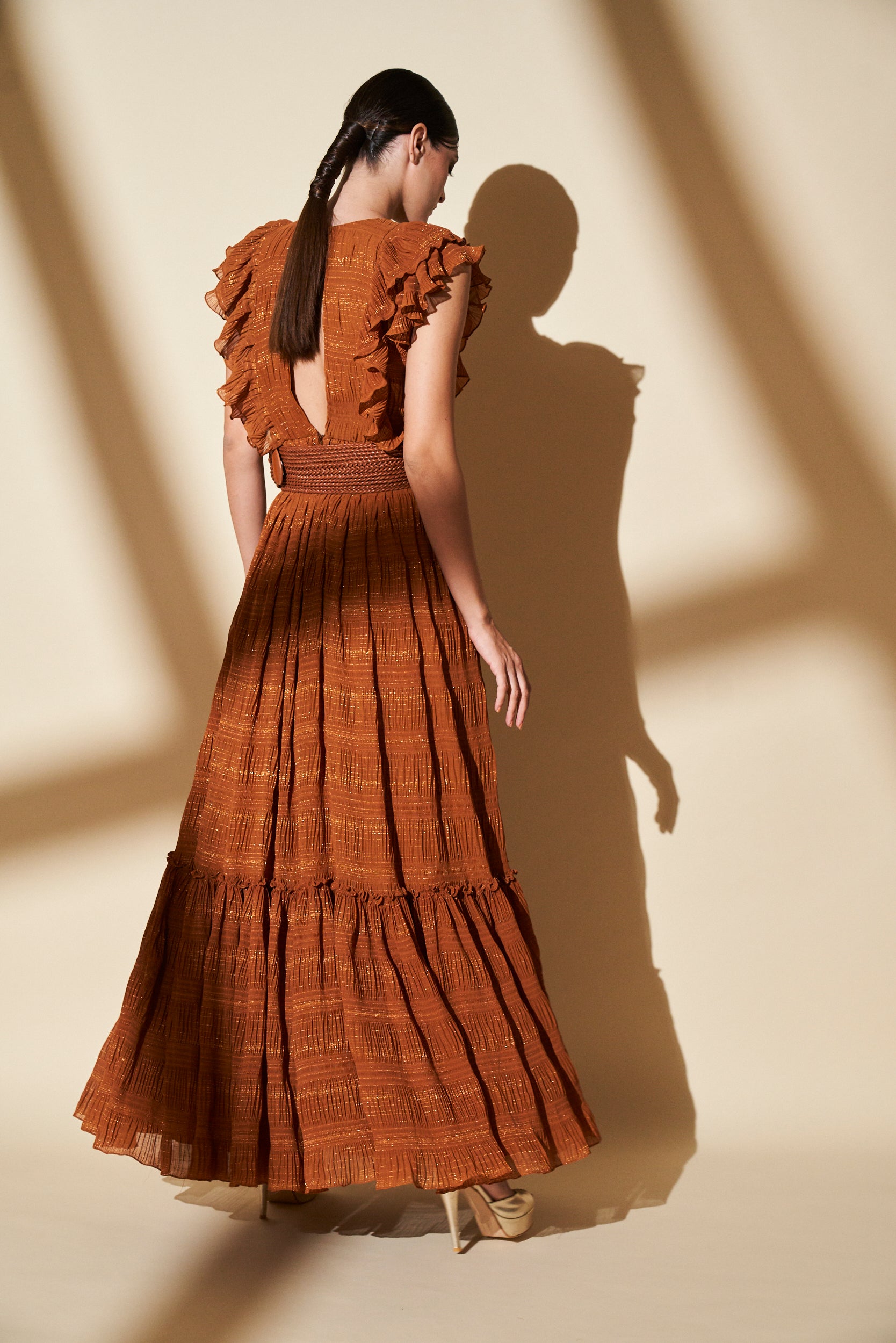 Mustard Gold Woven Zari Maxi Dress for Women - Elegant Indian Party Wear & Wedding Guest Outfit - Perfect for Festivals, Ceremonies and Special Occasions