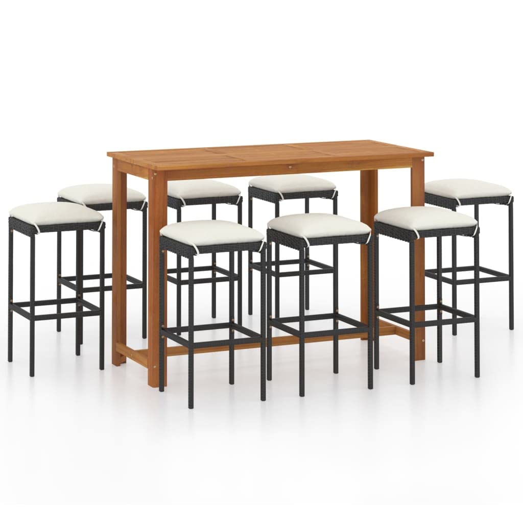 vidaXL 9-Piece Outdoor Patio Bar Set with Cushions - Solid Acacia Wood Table & Poly Rattan Bar Stools - Black & Cream Garden Furniture for Backyard, Poolside & Outdoor Entertaining