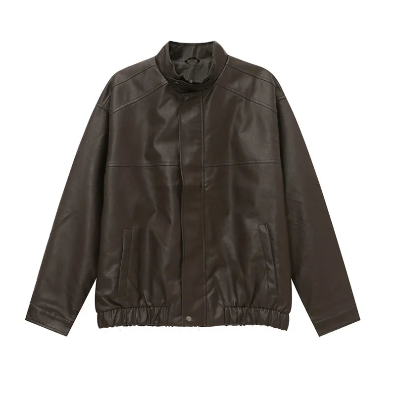 Men's PU Leather Jacket - American Style Casual Stand Collar Zipper Coat | Solid Color Loose Fit Male Outerwear | Perfect for Streetwear, Night Out & Fall Fashion