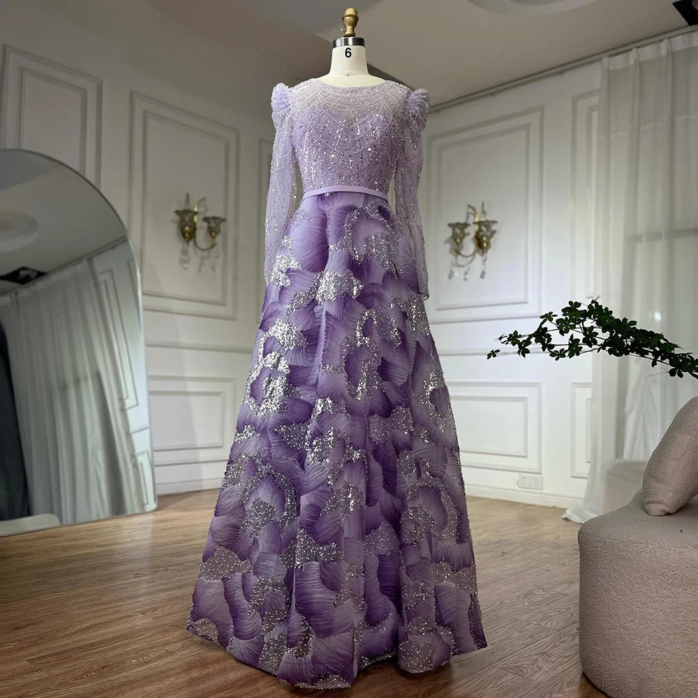 Elegant Muslim Beaded A-Line Evening Gown for Women - Luxury Dubai Style Formal Dress LA72847 | Perfect for Weddings, Galas & Special Occasions