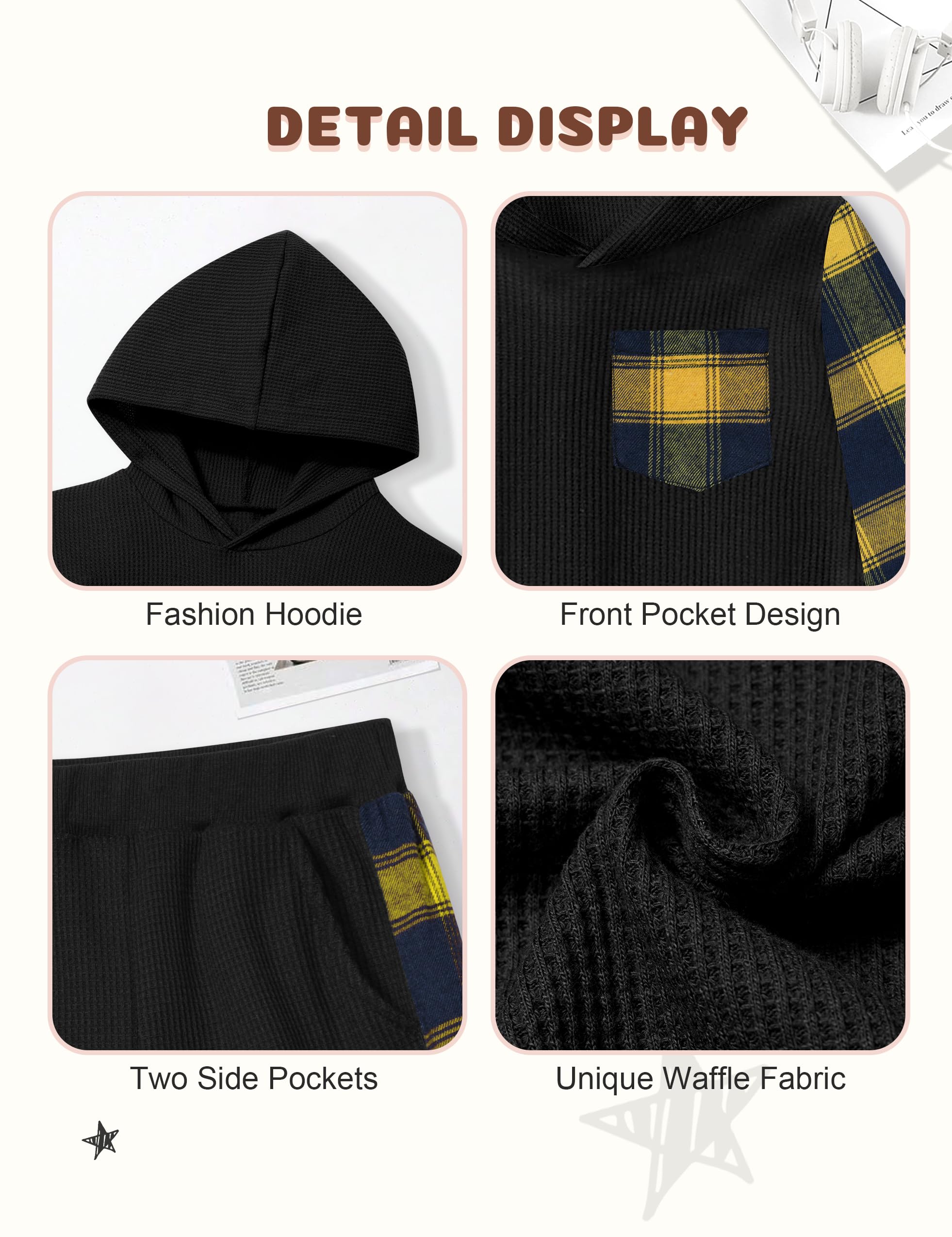 Boys' Waffle Plaid Hoodie & Patchwork Casual Pants 2-Piece Set with Pockets | Warm Toddler Winter Outfits for Playdates & Outdoor Adventures