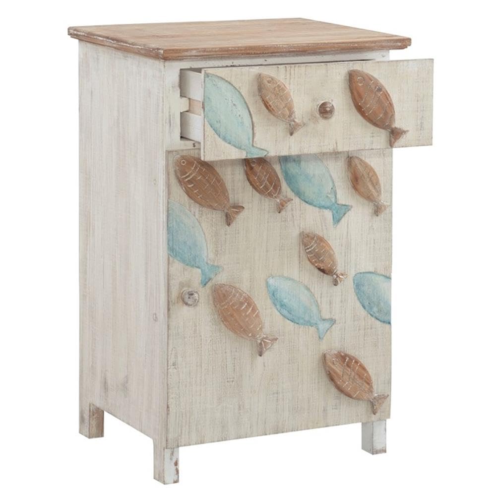 Powell Furniture Linon Hays Fish Wood Storage Side End Table - Distressed White Finish - Perfect for Living Room, Bedroom & Office Decor