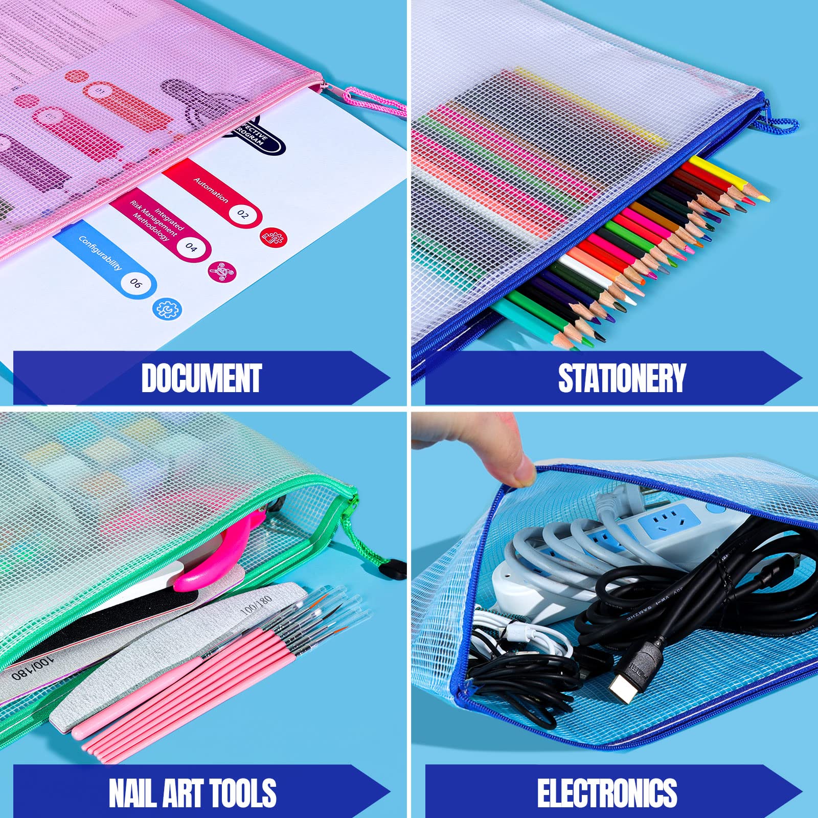 LEOBRO 20PCS A4 Letter Size Mesh Zipper Pouch - Waterproof Plastic Document Bags with Zipper for File Organization, Travel Storage, Office Supplies & School Essentials | Perfect for Business Trips, Home Filing & Craft Supplies Storage