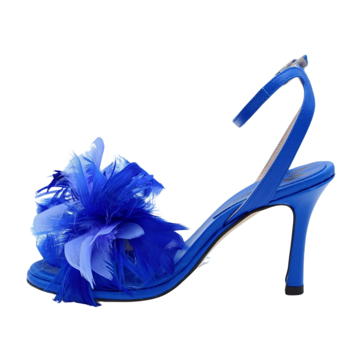 MARIAN Royal Blue Heeled Sandals with Feathers - Women's Elegant Evening Party Shoes for Weddings, Prom, and Special Occasions
