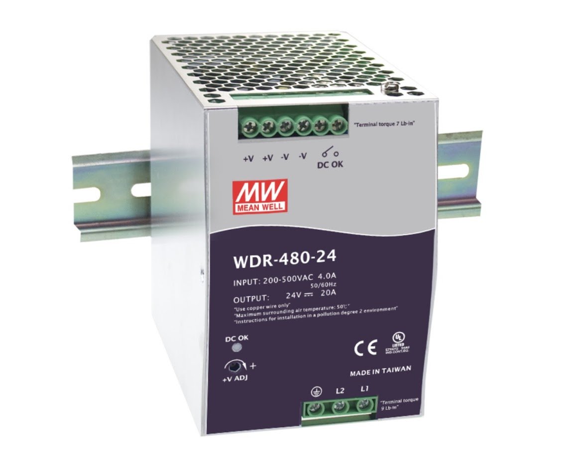 Meanwell WDR-480-24 480W 24V 20A Industrial DIN Rail Power Supply 380V AC Input - Reliable for Factory Automation, Control Panels & LED Lighting (1-Pack with DHL Shipping + Free Gift)