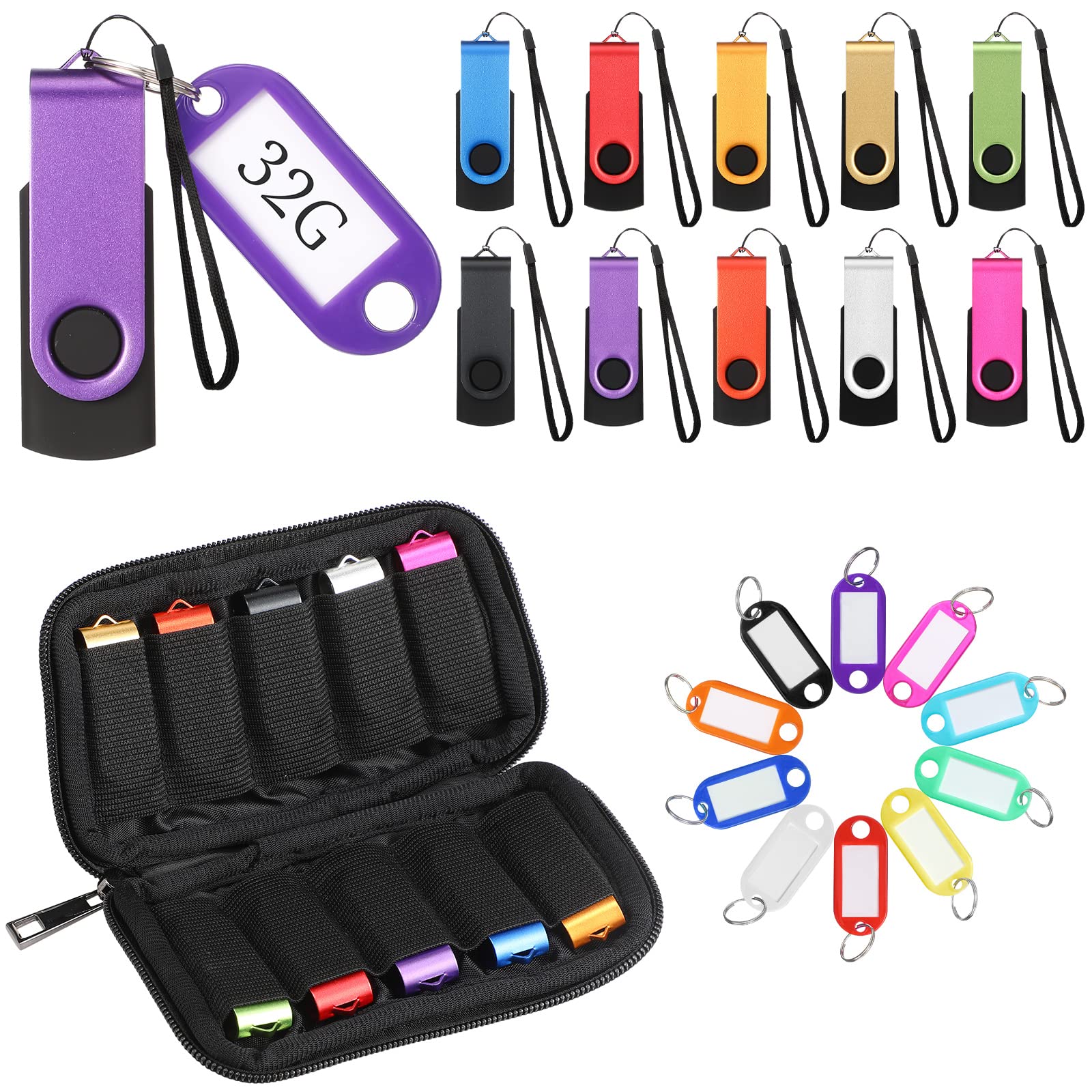10-Pack 32GB USB 2.0 Flash Drives with Lanyards - Portable Keychain Memory for Data Storage & Office Use