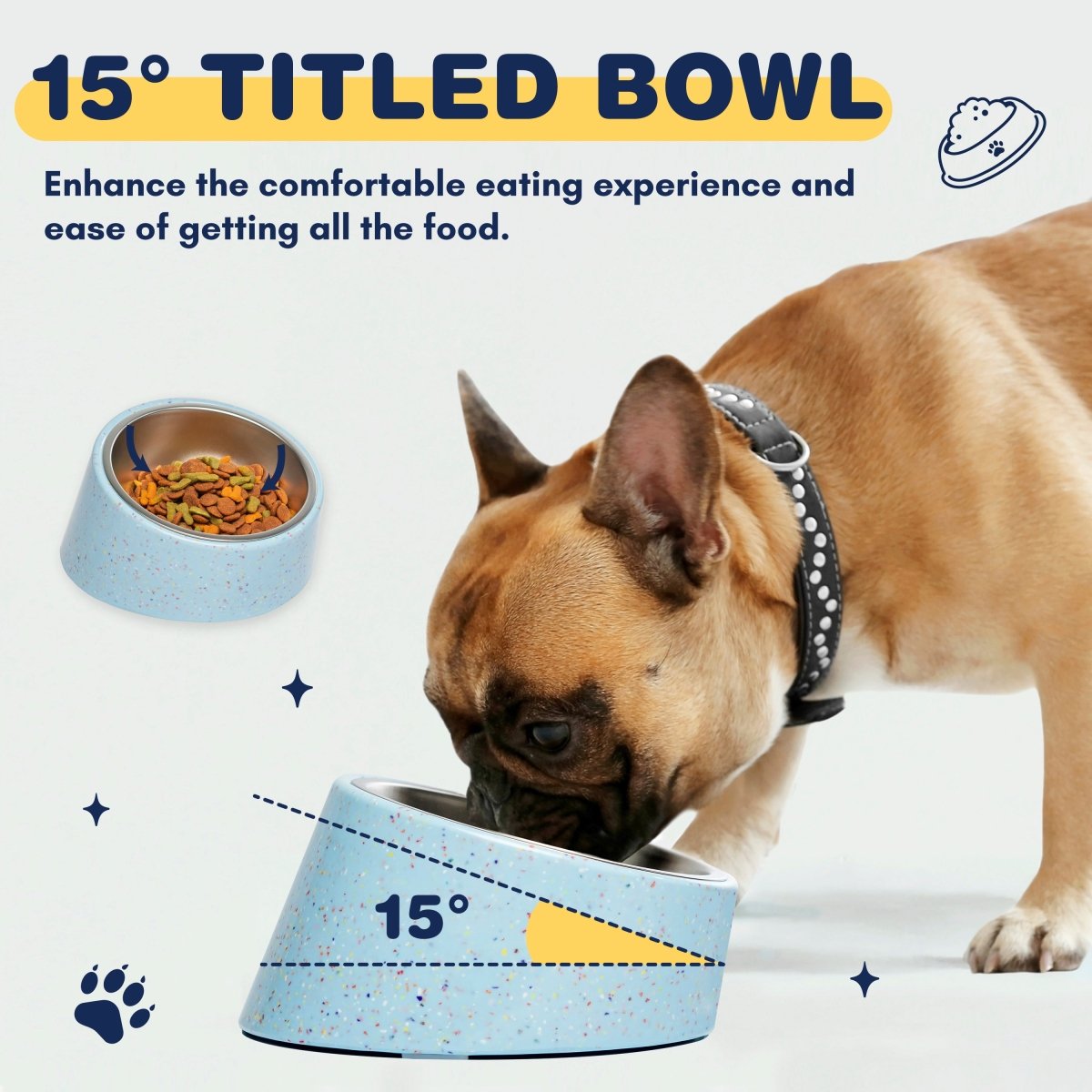 Bzyoo 16oz Tilted Dog Bowl for Small Dogs & Cats - Non-Slip Slow Feeder, Ergonomic Design for Better Digestion, Perfect for Puppies & Kittens - Blue (Ideal for Home, Travel & Vet Visits)