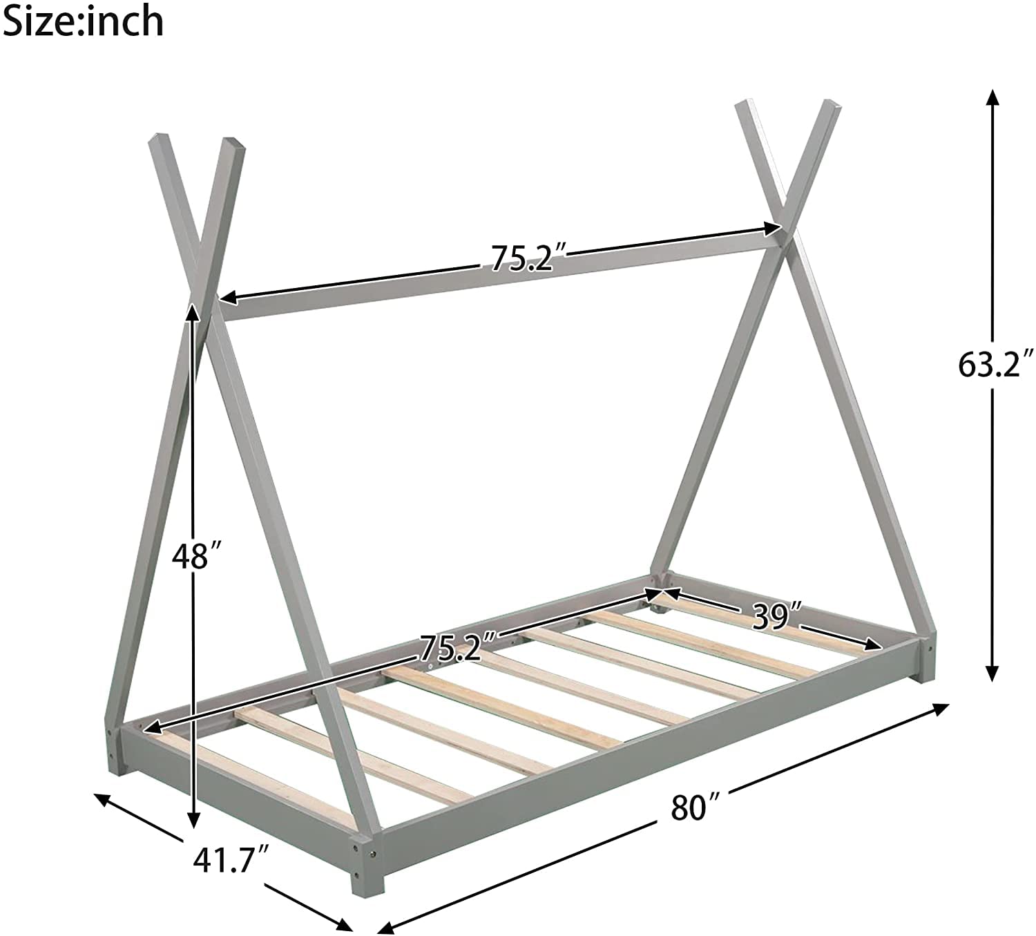 Kids Twin House Bed with Triangle Structure - Wood Floor Bed Frame for Toddler Boys & Girls Bedroom, No Box Spring Needed, Grey | Perfect for Playtime, Reading Nook & Cozy Sleep Space