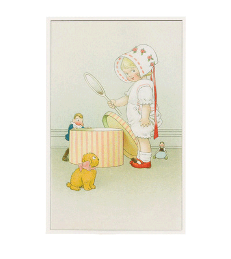 Vintage Girl with Toys and Hat Box Postcard - Retro Collectible Postcards for Greeting Cards, Scrapbooking, and Wall Decor - Perfect for Nostalgic Gifts and Home Décor