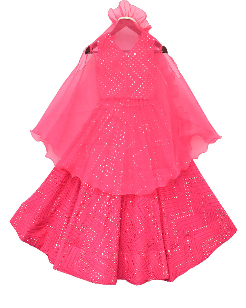 Pre Order: Hot Pink Embroidered Choli with Lehenga & Cape - Perfect for Indian Weddings, Festivals & Cultural Events