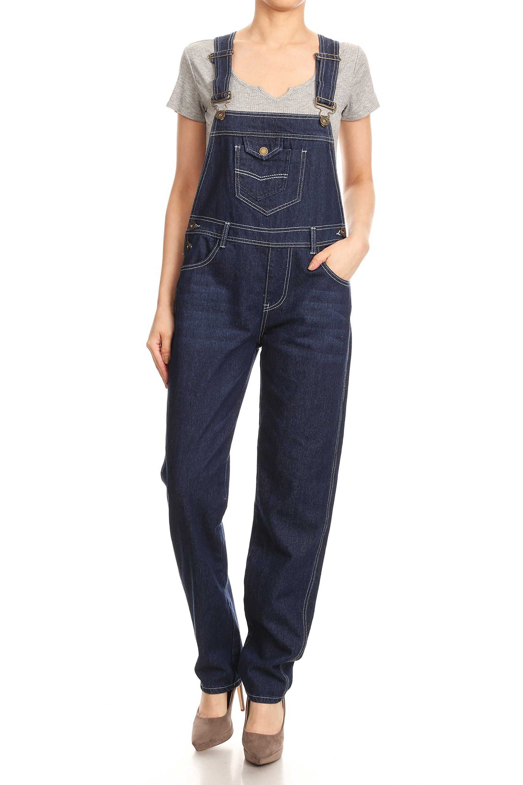 Anna-Kaci Women's Vintage Wash Straight Leg Denim Overalls with Pocket Bib - Casual Workwear & Fashion Jumpsuit for Women, Perfect for Everyday Wear, Gardening, and Outdoor Activities