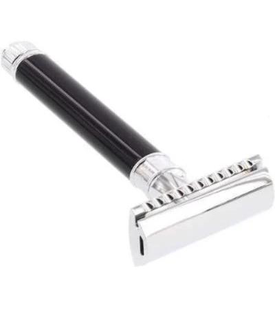 Edwin Jagger Black Long Double Edge Safety Razor for Men - Premium Shaving Tool for Smooth & Close Shave at Home or Travel