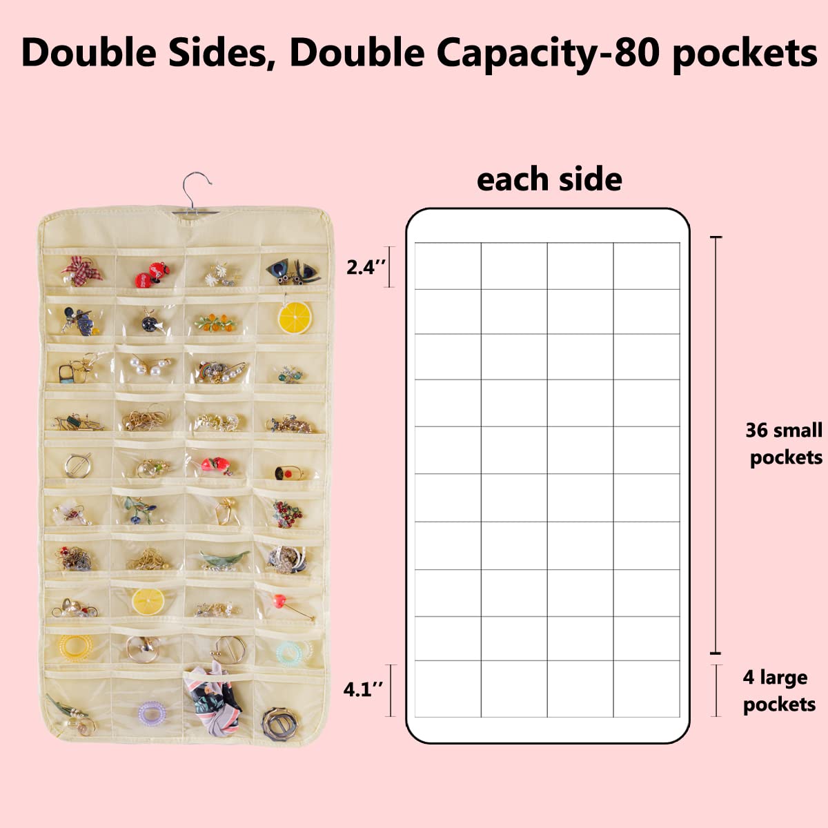 Bloss Hanging Jewelry Organizer - 80 Pockets Double-Size Jewelry Hanger for Earrings, Necklaces & Bracelets Storage | Beige Jewelry Display & Organizer | Perfect for Bedroom, Closet & Travel Use