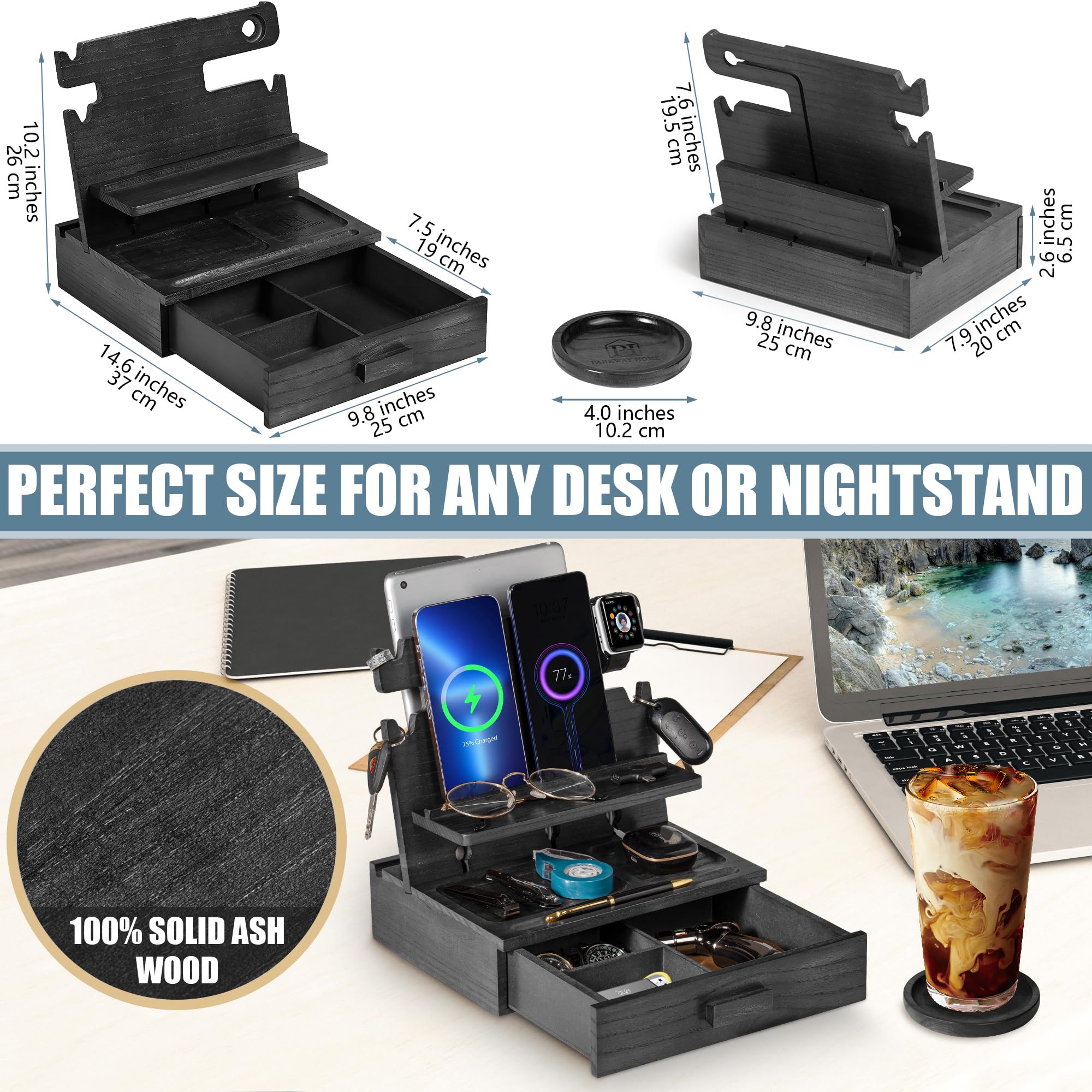 Black Wood Phone Dock for 3 Phones - Nightstand Organizer for Phones, Keys, Watches - Perfect for Bedroom & Office