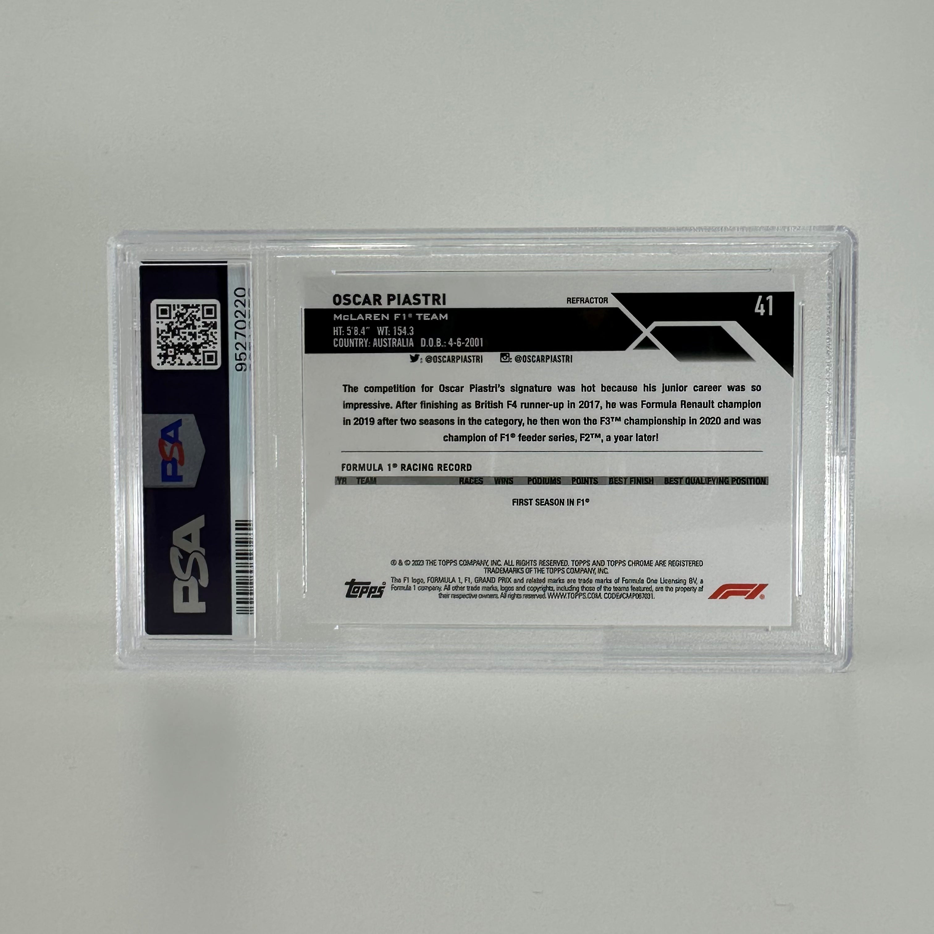 2023 Topps Chrome Oscar Piastri #41 PSA 9 Refractor Rookie Card - Perfect for Collectors, Trading & Sports Memorabilia Displays
