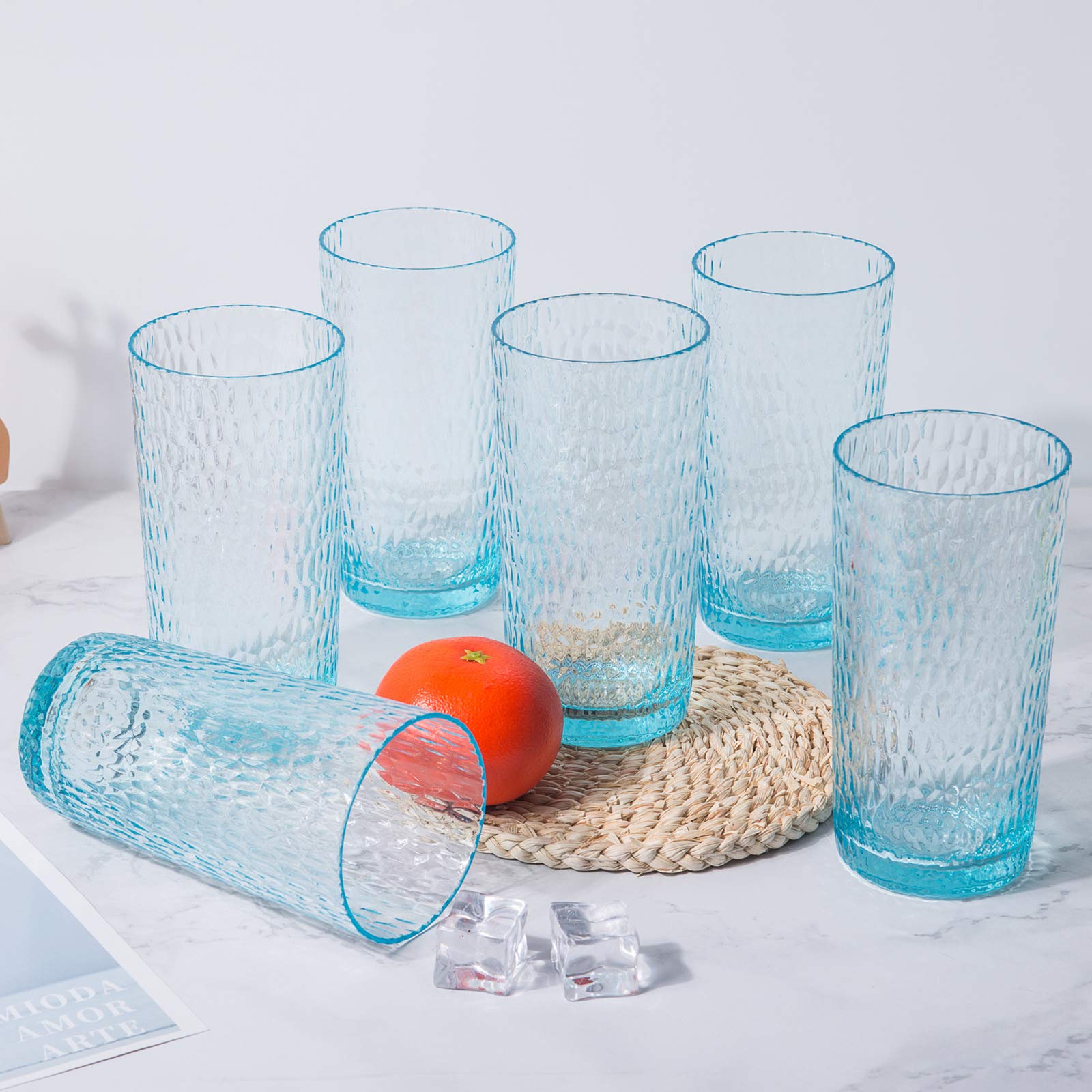 KX-WARE 22oz Honeycomb Design Acrylic Highball Glasses - Set of 6 Shatterproof Plastic Tumblers for Cocktails, Iced Coffee & Smoothies - Perfect for Parties, Bars & Outdoor Use (Blue)