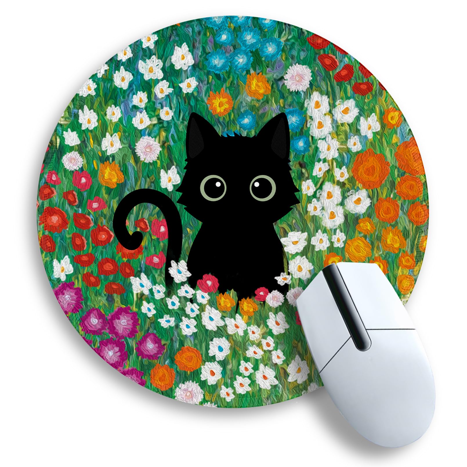 Gctriki Anime Black Cat Mouse Pad 8.6 x 8.6 Inch - Cute Round Gaming Mousepad with Non-Slip Rubber Base & Stitched Edge - Perfect for PC, Laptop, Home Office & Gaming Setup - Adorable Cat Flower Design Desk Accessory for Anime Fans