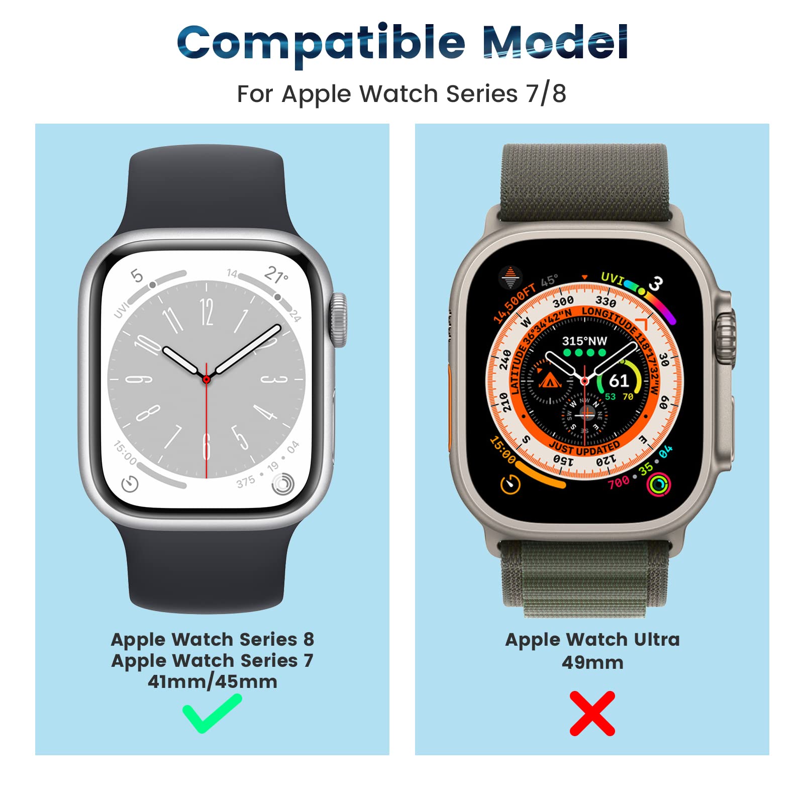 2 Pack Waterproof Case for Apple Watch Series 9/8/7 (41mm) - Tempered Glass Screen Protector with 360° Protective PC Cover & Front/Back Bumper - Perfect for Swimming, Sports & Outdoor Activities (Starlight)