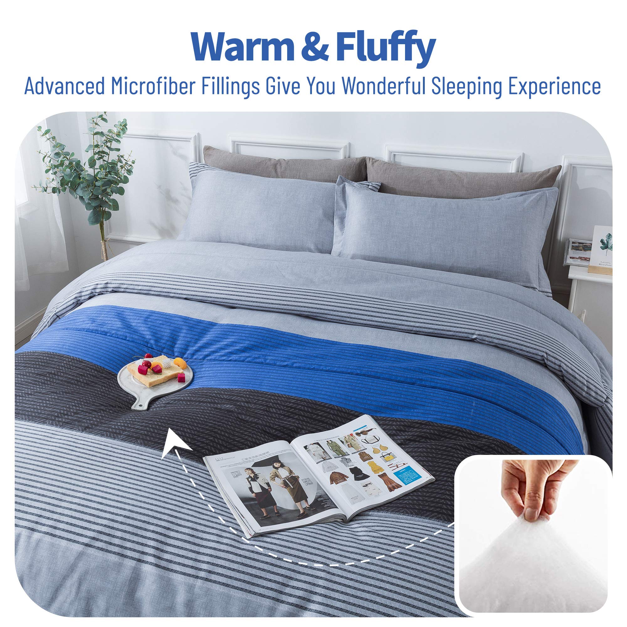 **Andency King Size 3-Piece Blue & Gray Striped Comforter Set - Soft Microfiber Down Alternative Bedding (104x90 Inches) with Corner Loops - Perfect for Cozy Bedrooms & Guest Rooms**