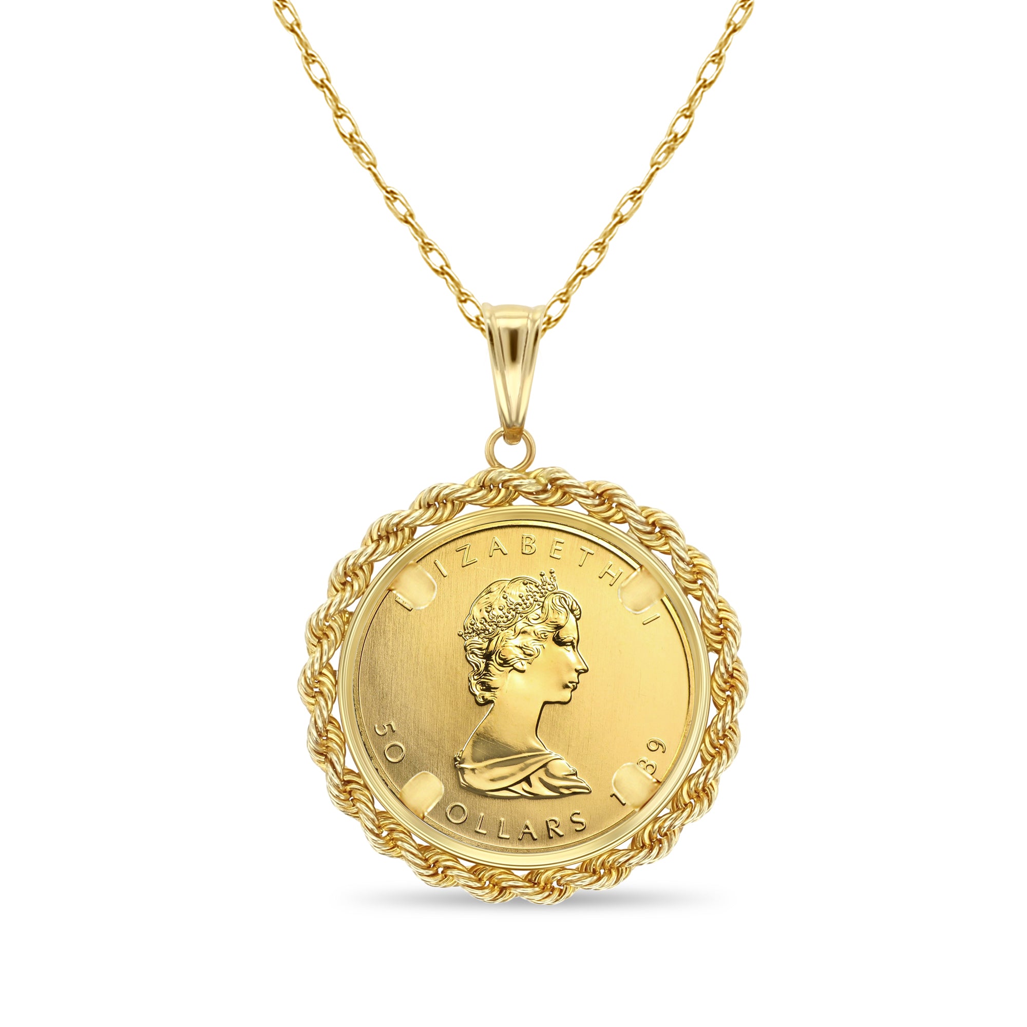 1OZ Canadian Maple Leaf Coin Necklace - 14K Yellow Gold with 4MM Rope Halo | Elegant Jewelry Gift for Women, Perfect for Parties, Weddings & Special Occasions