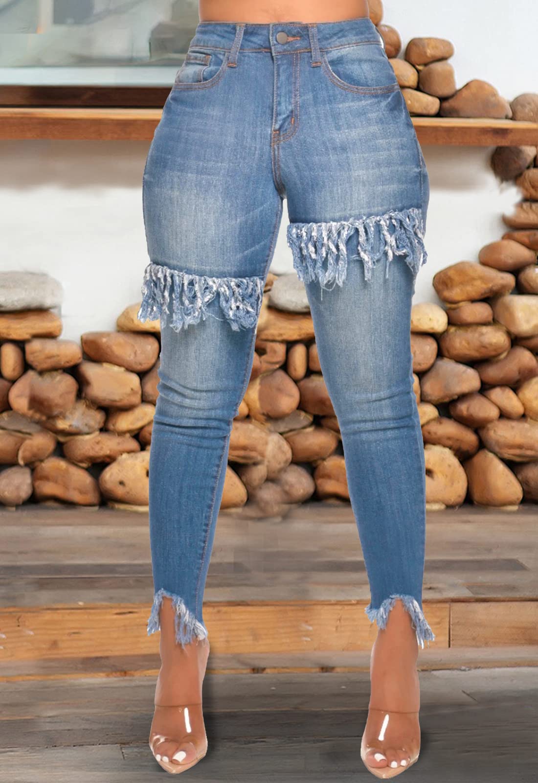 FairBeauty Women's Skinny Stretch Jeans - Frayed Raw Hem, Slim Fit Ripped Denim Pants for Casual Wear & Night Out | Trendy Distressed Jeans for Everyday Style