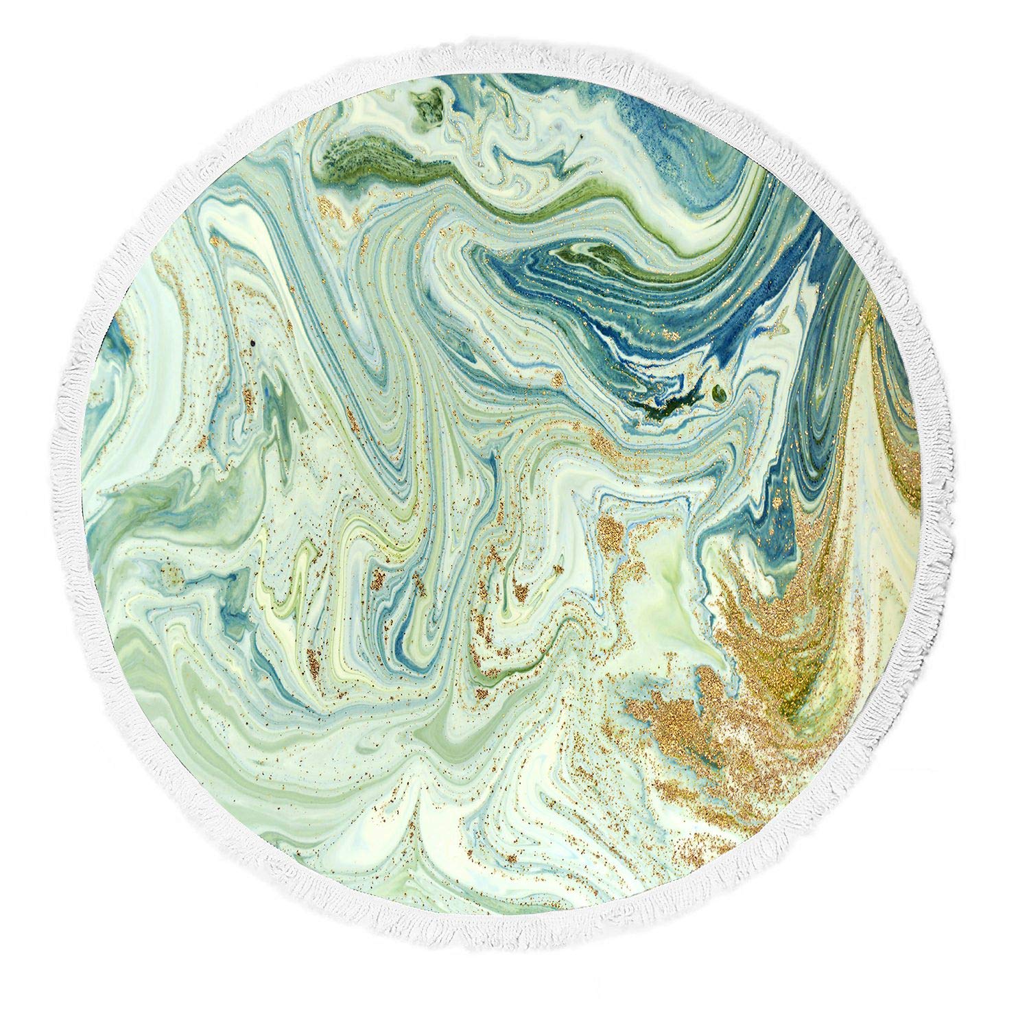 ABPHQTO Marbled Blue Green & Gold Round Beach Blanket with Tassels - Waterproof Sandproof Picnic Yoga Mat for Outdoor, Travel, Camping & Beach Parties