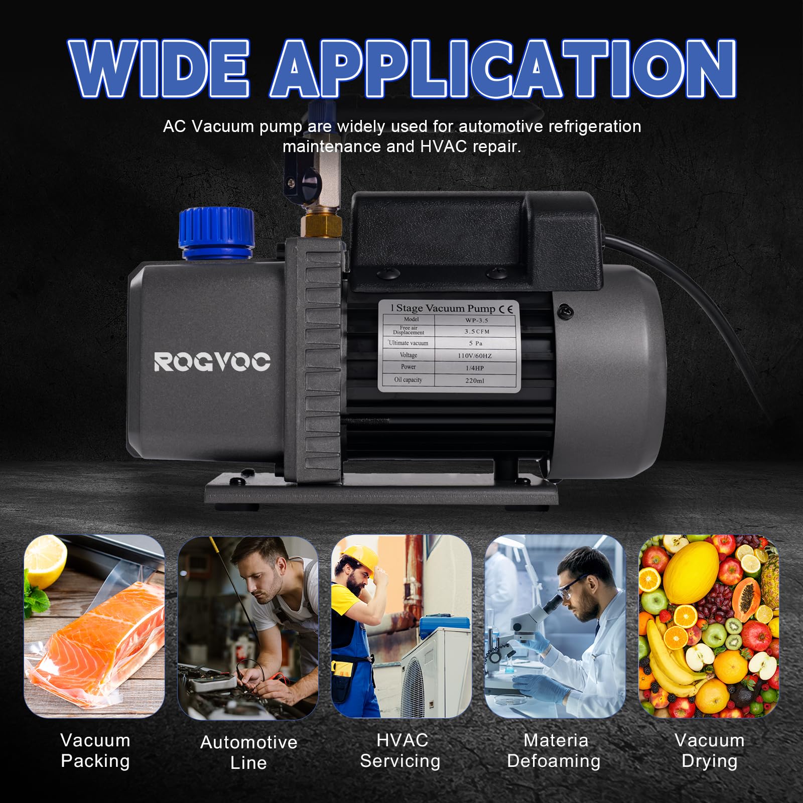 3.5 CFM 110V 1/4 HP Single Stage Rotary Vane Vacuum Pump for HVAC, Automotive AC Repair & Refrigerant Recharging - Compatible with R12, R22, R134a, R410a - Ideal for Professional Mechanics & DIY Car AC Maintenance