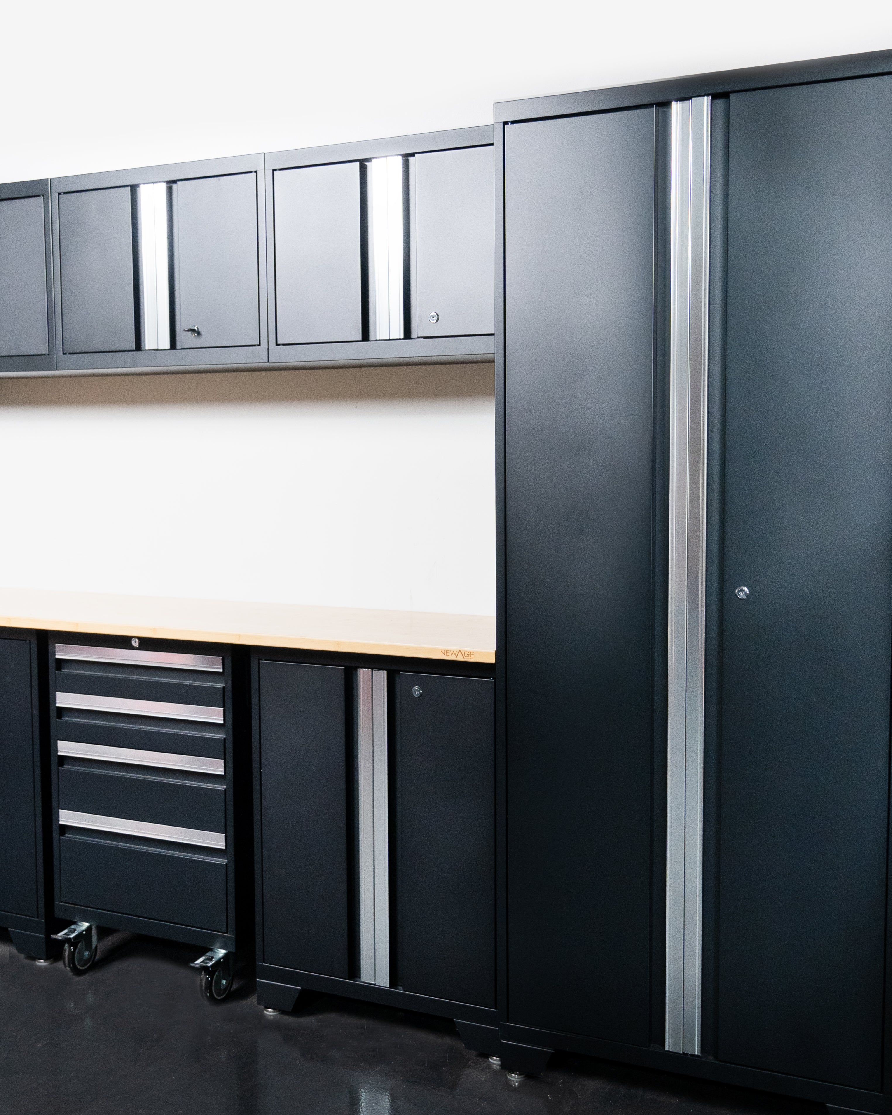 Adam's x NewAge Pro Series 7-Piece Cabinet Set - Heavy Duty Metal Storage for Garage, Workshop & Home Organization (Black) - Perfect for Tools, Sports Equipment & DIY Supplies Storage