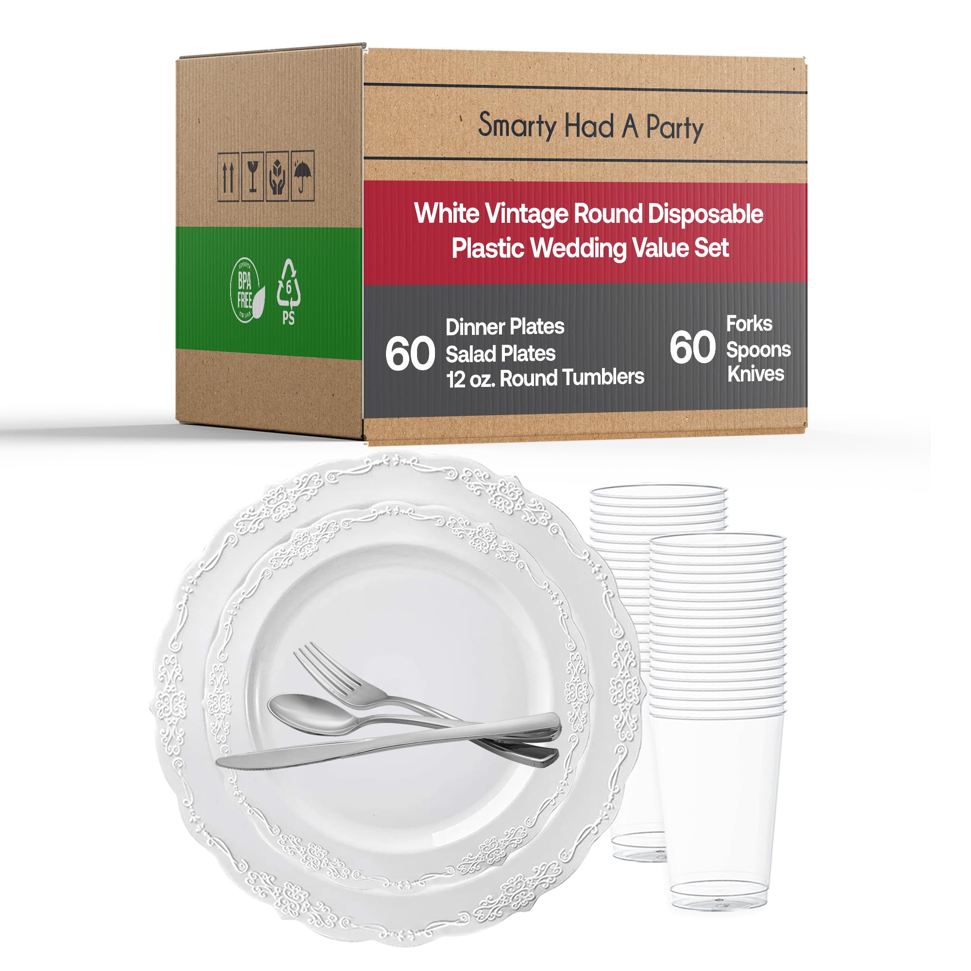 Elegant Disposable Plastic Plates & Dinnerware Set for 60 Guests - White Plates, Silverware & Clear Cups - Perfect for Weddings, Parties & Events
