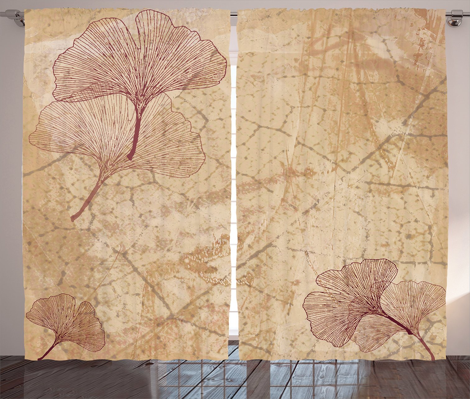 Ambesonne Beige Brown Ginkgo Leaf Print Curtains - 2 Panel Set 108