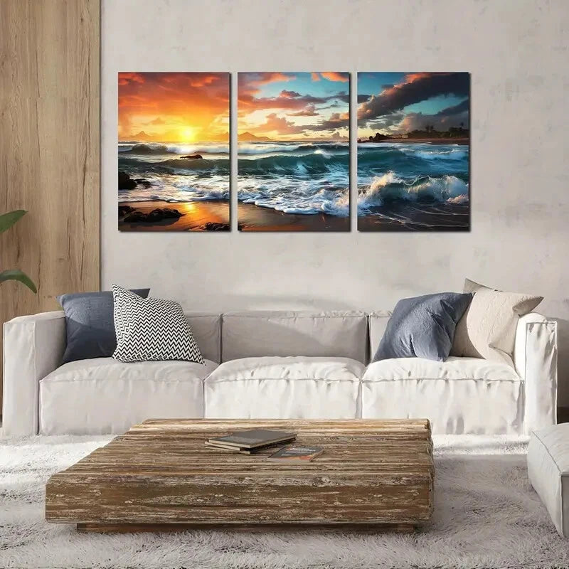3-Piece Sunset Ocean Waves Metal Wall Art - Vibrant Ready-to-Hang Prints for Living Room, Bedroom & Office Decor